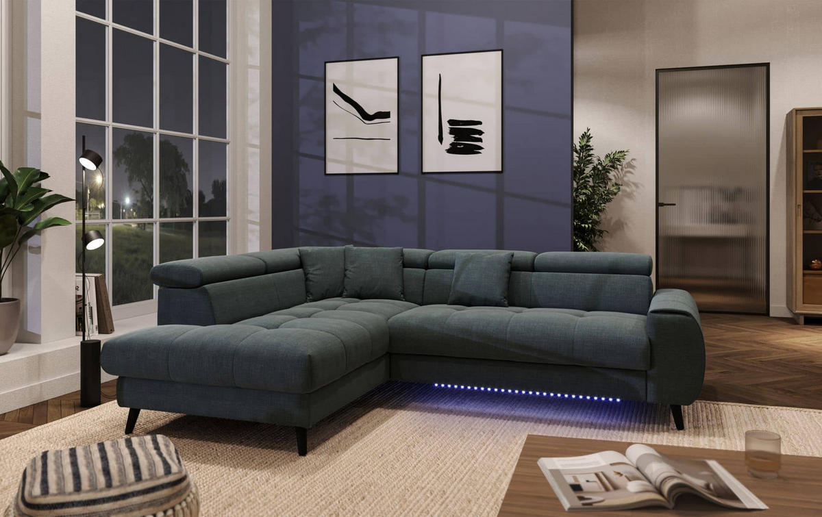 ECKSCHLAFSOFA mit Bettkasten und induktiver Ladefläche + LED - Schwarz/Grün, Holz/Textil (246/195cm) - Cotta