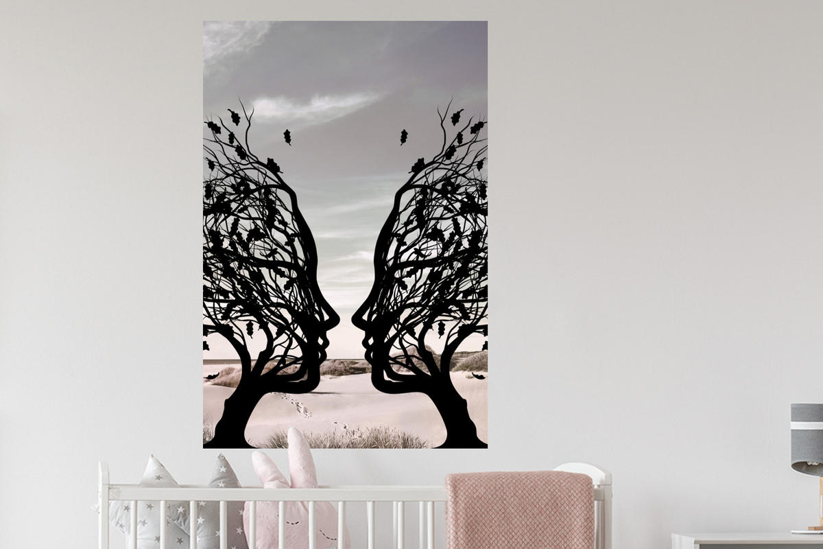 WANDTATTOO Strand - Meer - Menschen - Baum - Moderne Kunst 80x120 cm - Hellgrau, Kunststoff (80/120/0.1cm) - MuchoWow