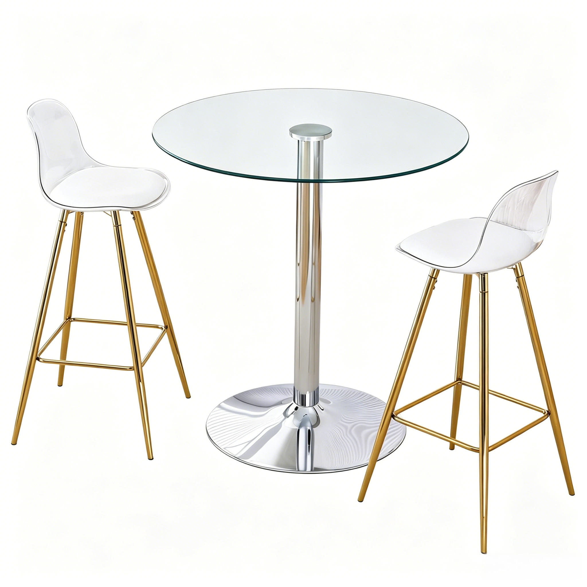 TISCHGRUPPE 3-tlg Glastisch Rund 89cm Barhocker Gold - Transparent, Glas/Metall (41.5/33.5/72cm) - Raelunyi