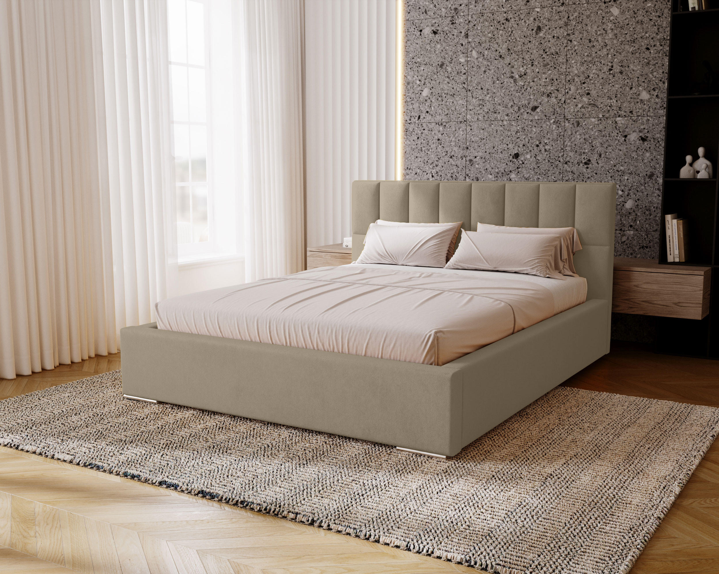 POLSTERBETT Dream 140x200 cm, Doppelbett mit Bettkasten und Lattenrost aus Holz, Velourstoff: Hellbraun - Hellbraun, Holz/Kunststoff (140/200cm) - Marpur