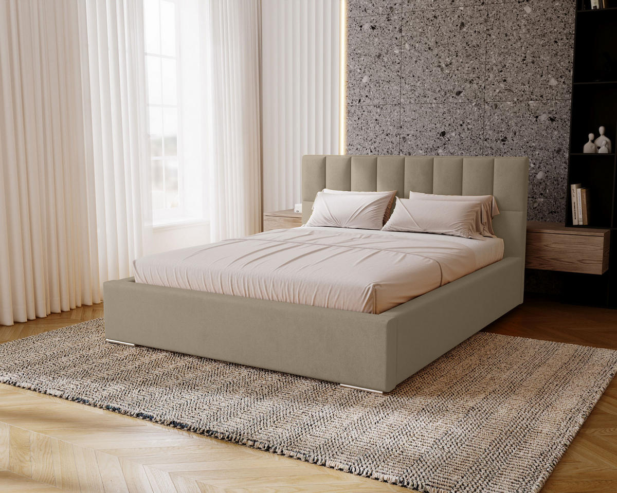POLSTERBETT Dream 200x200 cm, Doppelbett mit Bettkasten, Lattenrost und Matratze aus Holz, Velourstoff: Hellbraun - Hellbraun, Holz/Kunststoff (200/200cm) - Marpur