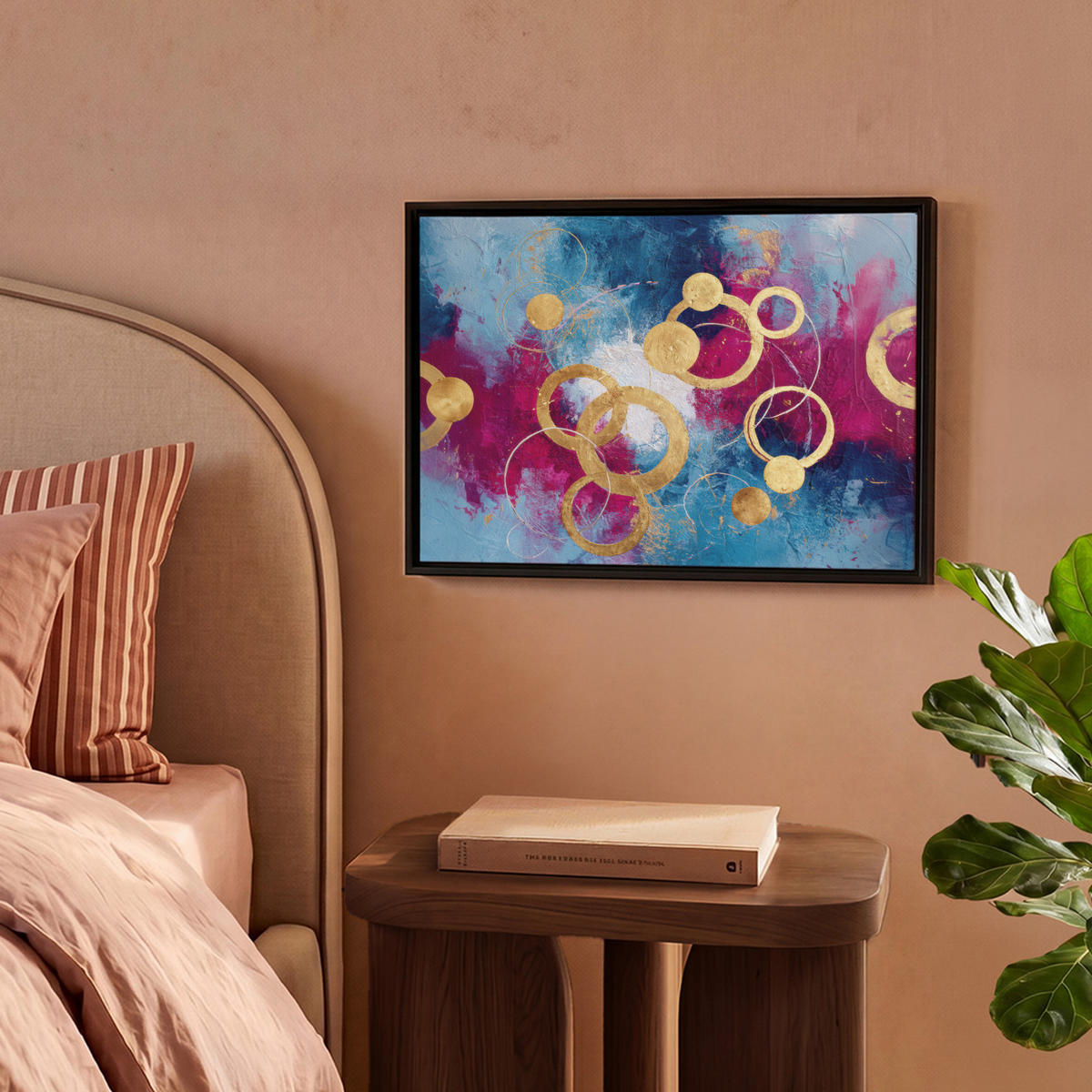 LEINWAND Bilder mit Rahmen - Kreise - Gold - Abstrakt - 40x30 - Blau, Textil (40/30cm) - MuchoWow