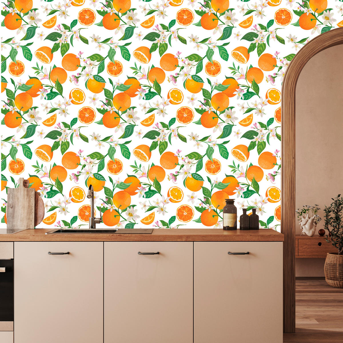 VLIESTAPETE Orangen und Blüten – Orange, Grün, Weiß – 50x1000 cm - Orange/Weiß, Papier (50/1000cm) - Muralo
