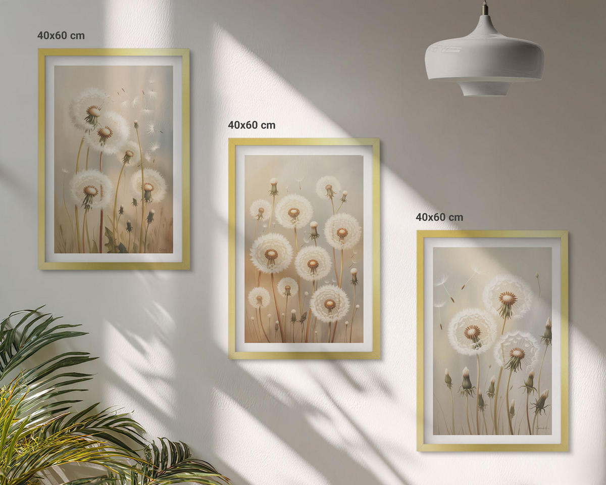 WANDBILDER 3er Set - 40x60 cm Goldrahmen - Weiße Löwenzahnblüten auf hellem Hintergrund - Goldfarben, Kunststoff (40/60cm) - ArtPrintCave