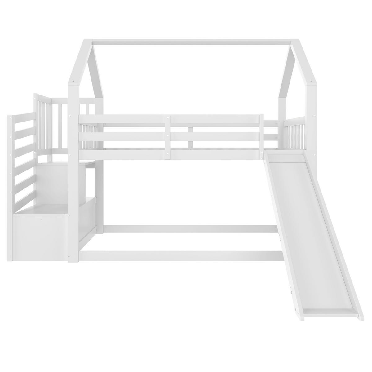 ETAGENBETT Hausbett mit Rutsche und Stauraumtreppe, 90/200 cm, Weiß, ohne Matratze - Weiß, Holz (90/200cm) - MIVRAY
