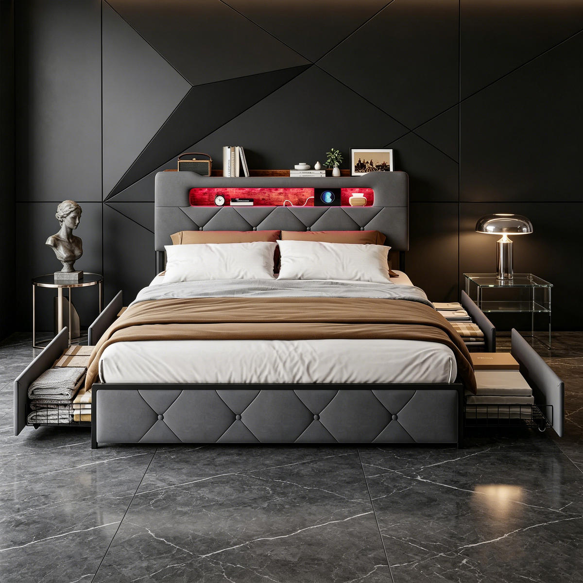 POLSTERBETT 140x200, jugendbett mit 4 Schubladen, LED, USB, Kopfteil, Lattenrost, samt, grau - Grau, Holzwerkstoff/Textil (140/200cm) - GENKI LIVING