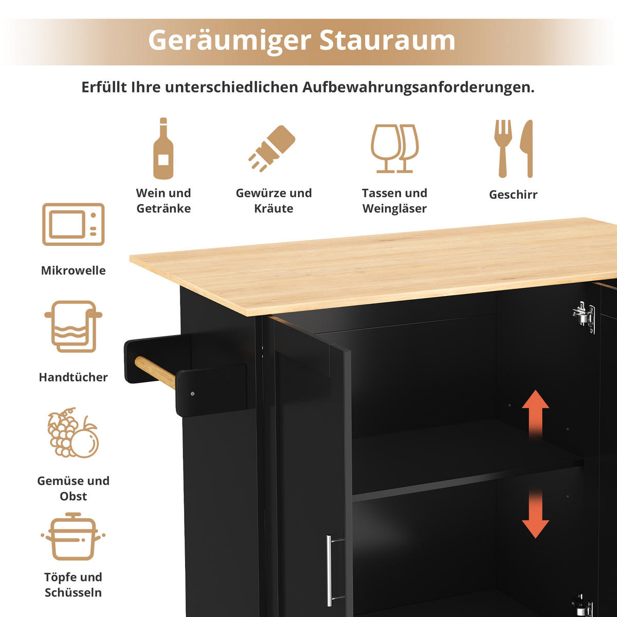 KÜCHENINSEL in Schwarz und Naturfarbe Servierwagen mit Schubladen für Küchen und Esszimmer, B135/T44 (70)/H90 cm - Schwarz, Holzwerkstoff (135/90/44cm) - STILVORA