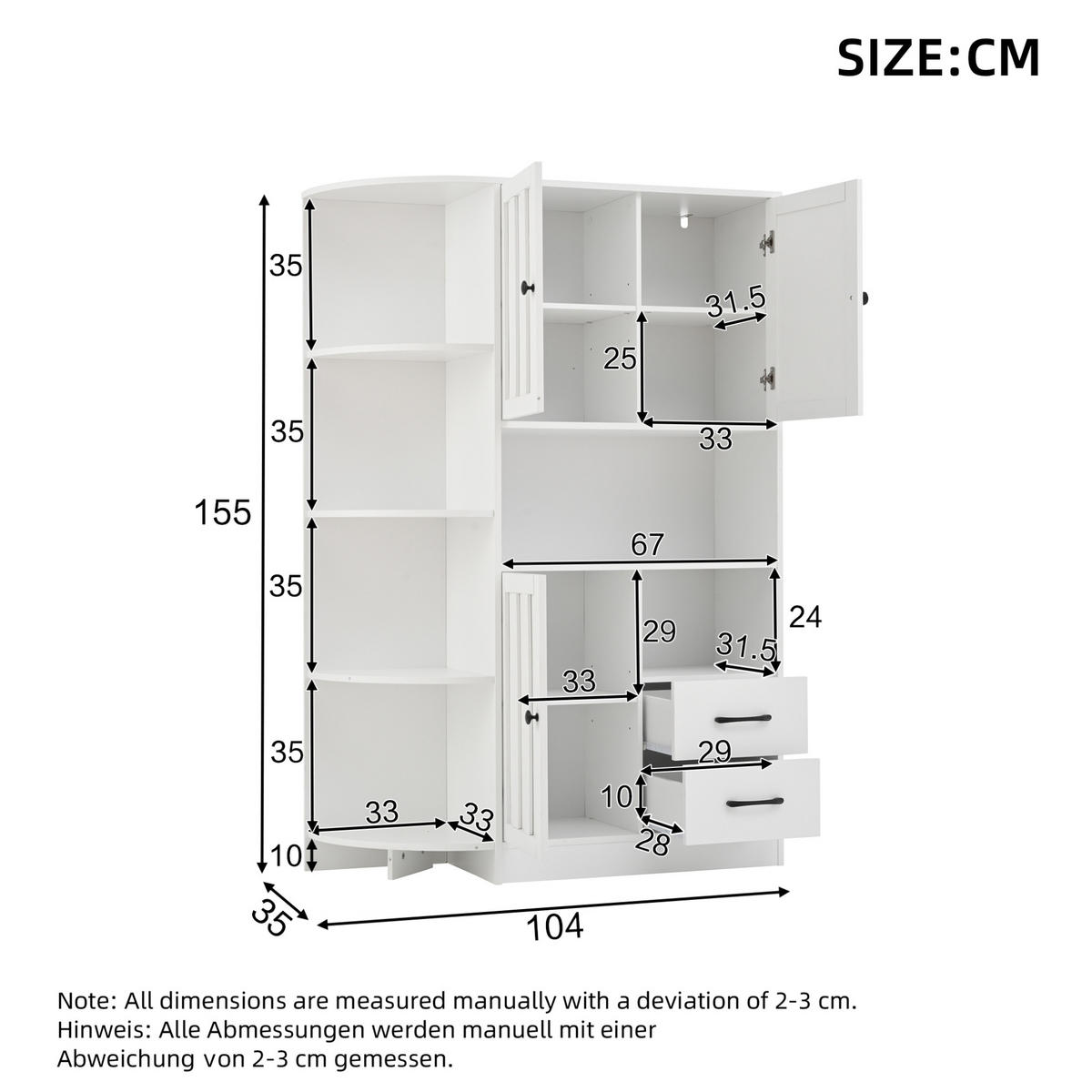 ECKSCHRANK mit 3 Türen und 2 Schubladen 104 x 35 x 155 cm Weiß - Weiß, Holzwerkstoff (35/155/104cm) - Beauniv