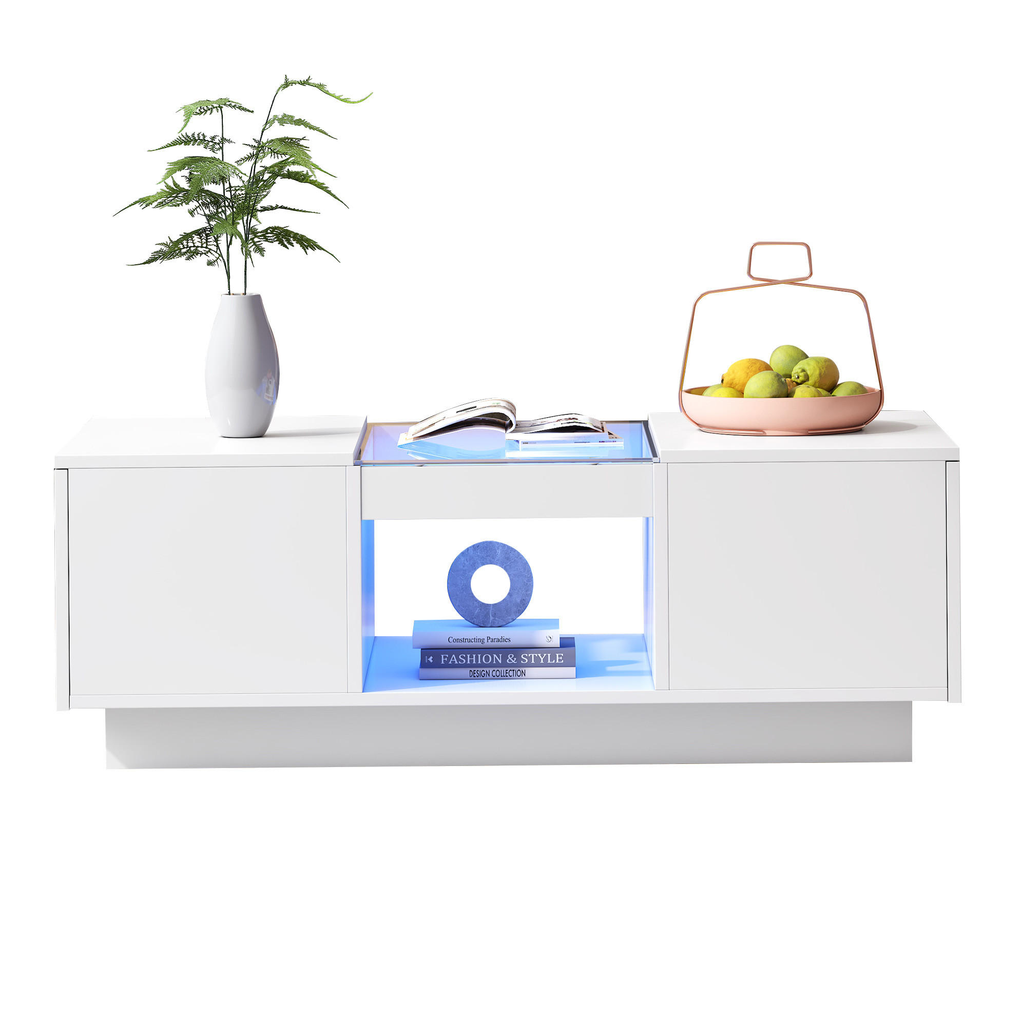COUCHTISCH 100/50/35,5 cm mit LED-Beleuchtung, App-Steuerung, Glasplatte und 2 Schubladen, Weiß - Weiß, Holzwerkstoff (100/50/35.5cm) - Redom