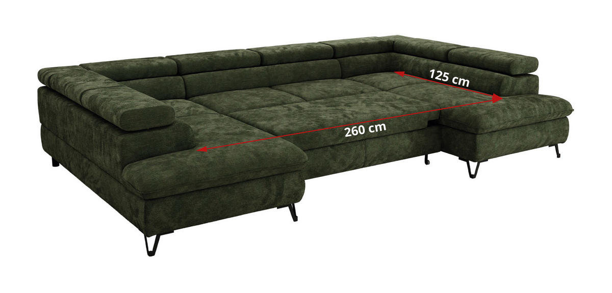 WOHNLANDSCHAFT PABLO U Schenille glatt Dunkelgrün mit Topper T25 - Dunkelgrün/Schwarz, Textil/Metall (346/76/208cm) - MKS