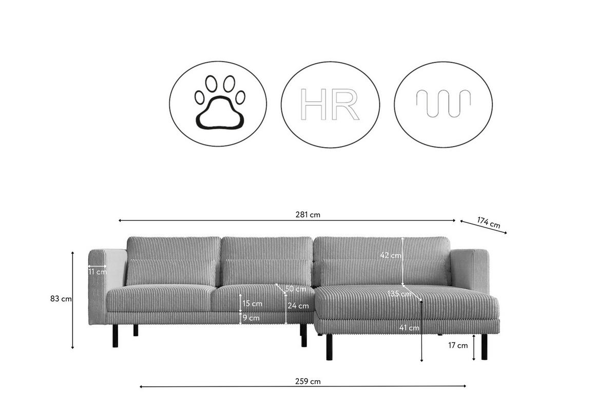 ECKSOFA L-form Dani Stoff Poso Silber Rechts - Silberfarben, Holz (281/174cm) - Kaiser Möbel