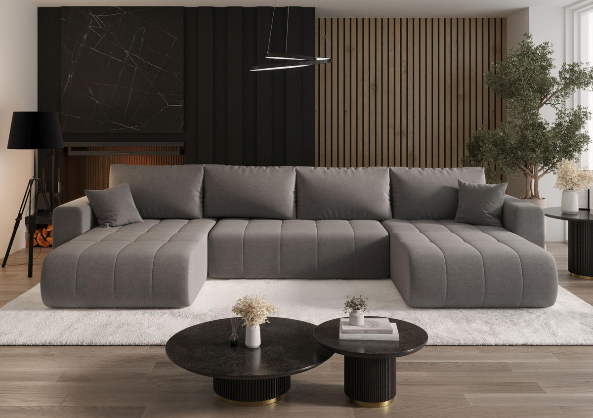 SEDACÍ souprava LARA tvar U tmavě béžová pletená tkanina Wind 21 - funkce spaní, úložný prostor - krémová, textil (385/85/175cm) - Cornero