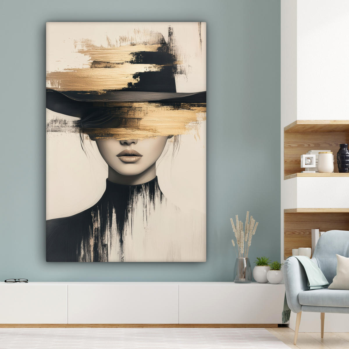 LEINWANDBILD Frau - Hut - Farbe 90x140 cm - Goldfarben, Textil (90/140cm) - MuchoWow