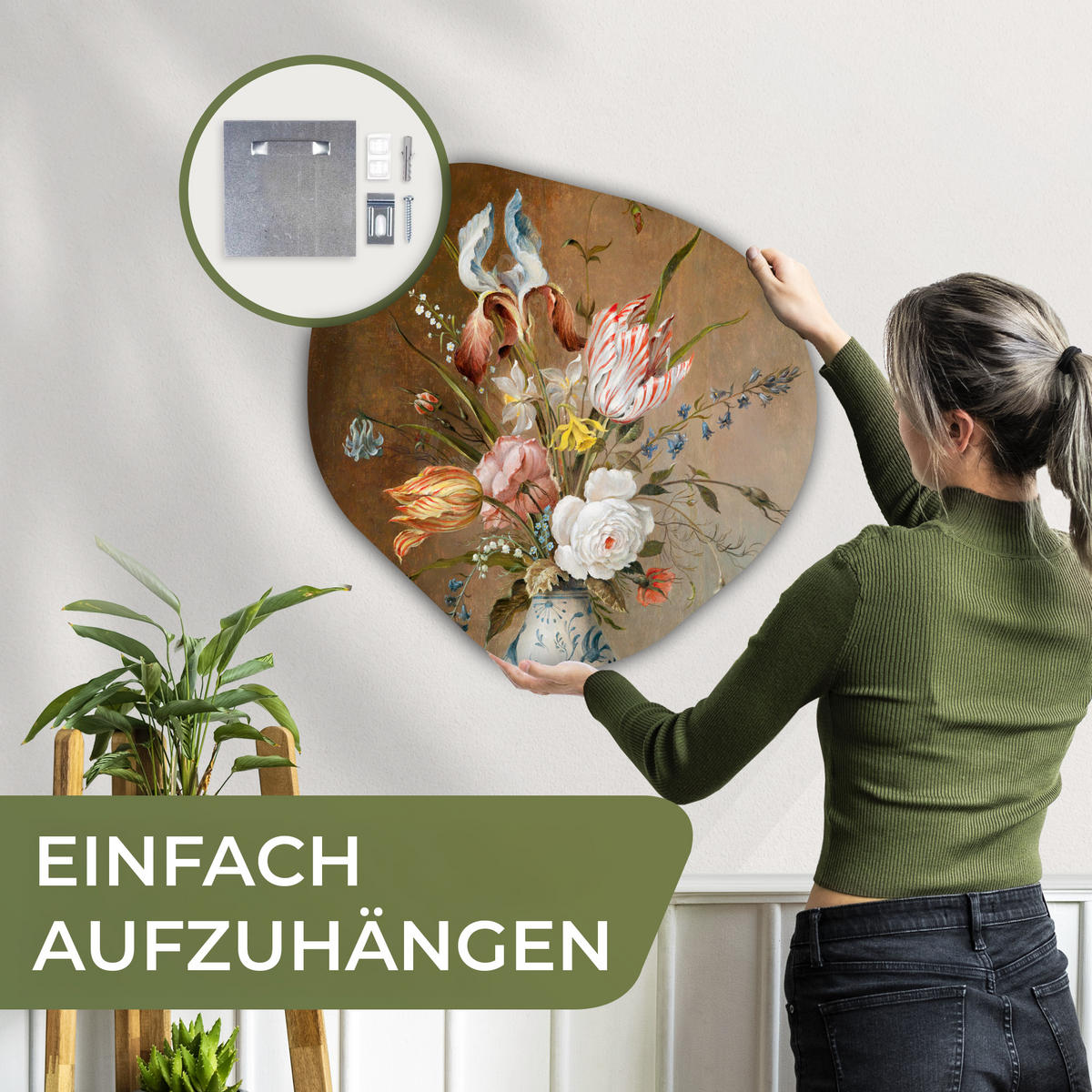 WANDBILD Stilleben mit Blumen - Balthasar van der Ast - Malerei 60x60 cm - Sandfarben, Kunststoff (60/60cm) - MuchoWow