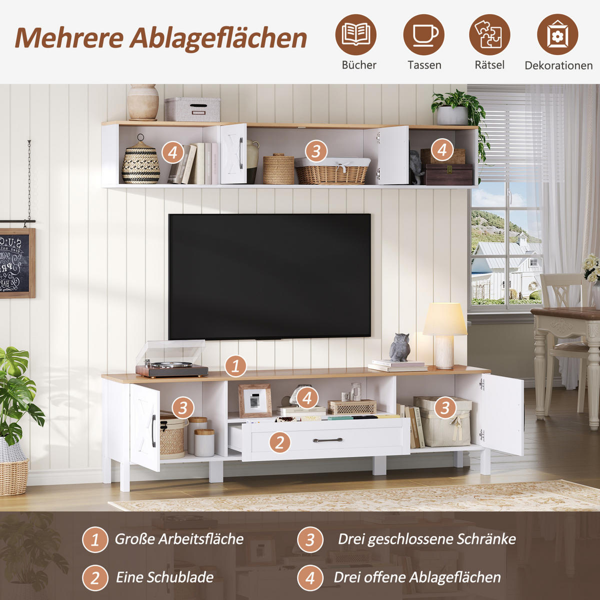 TV sestava 180/40/50 cm z MDF s nástěnnou vitrínou, 4 skříňky a zásuvkou, Bílá - bílá, kompozitní dřevo (180/50/40cm) - Redom