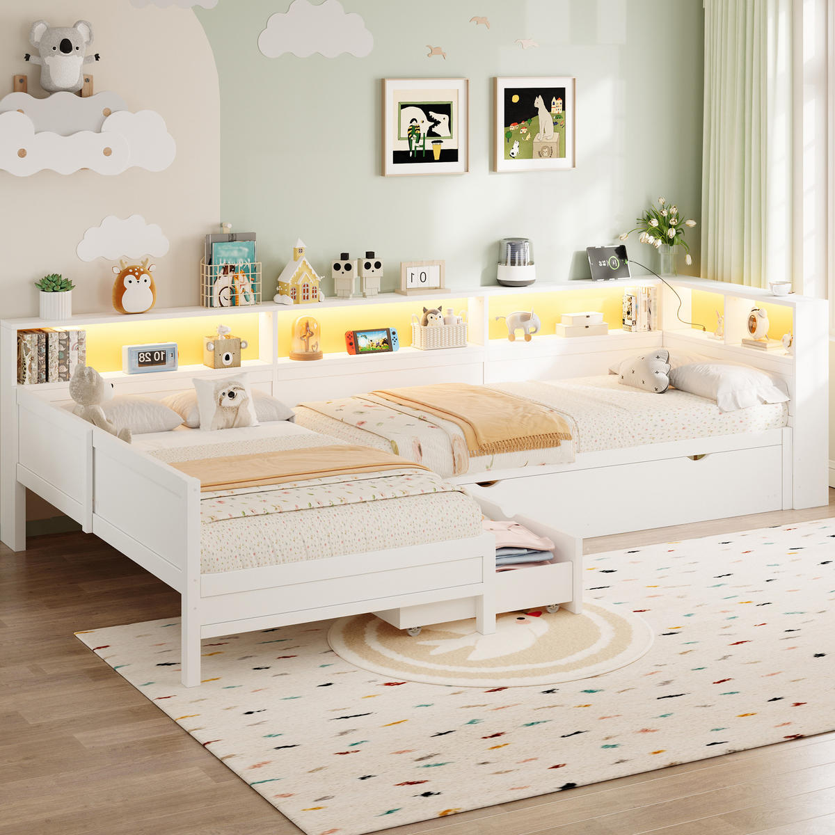 STAURAUMBETT L-Form 90/200 cm Weiß mit Ausziehbett, Schublade und LED - Weiß, Holzwerkstoff (90/200cm) - MIVRAY