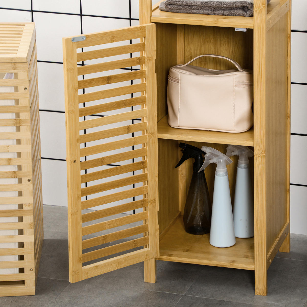 BADEZIMMERSCHRANK höhevestellbar, ca. 33 x 30 x 120 cm Naturholz - Naturfarben, Naturmaterialien (32.9/120/29.9cm) - Kleankin