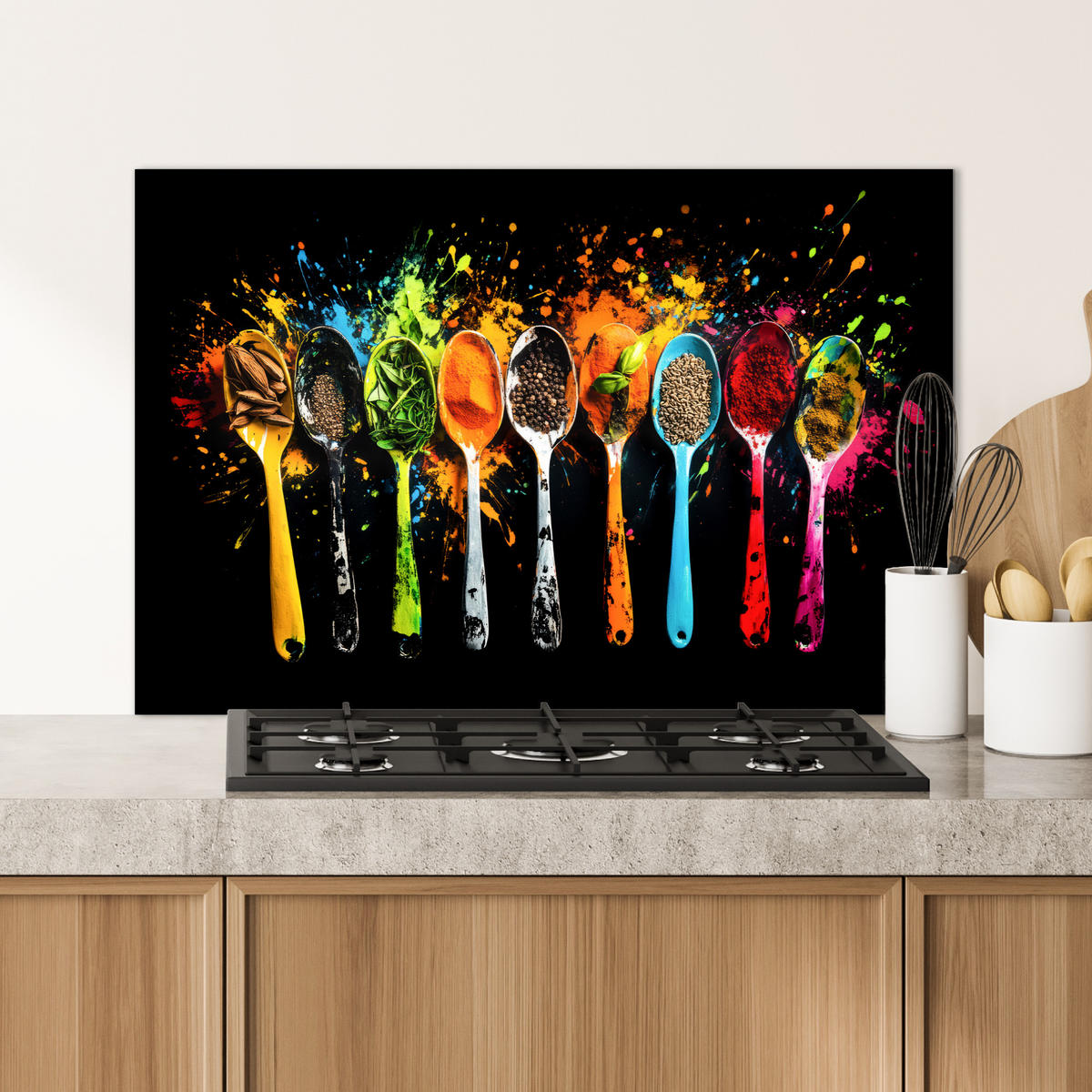 SPRITZSCHUTZ KÜCHE Löffel - Gewürze - Modern - Graffiti - Farbe - Farbenfroh 80x55 cm - Multicolor, Metall (80/0.3/55cm) - MuchoWow