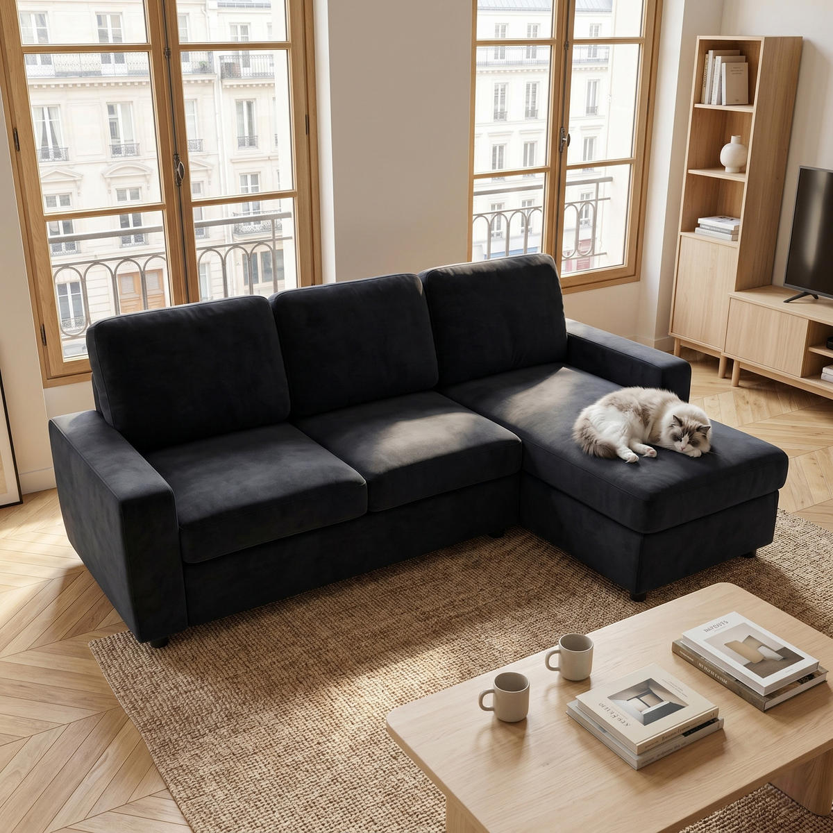 ECKSOFA Polyester Schwarz mit Stauraum - Schwarz, Holzwerkstoff/Textil (245.5/150.5cm) - WISHDOR