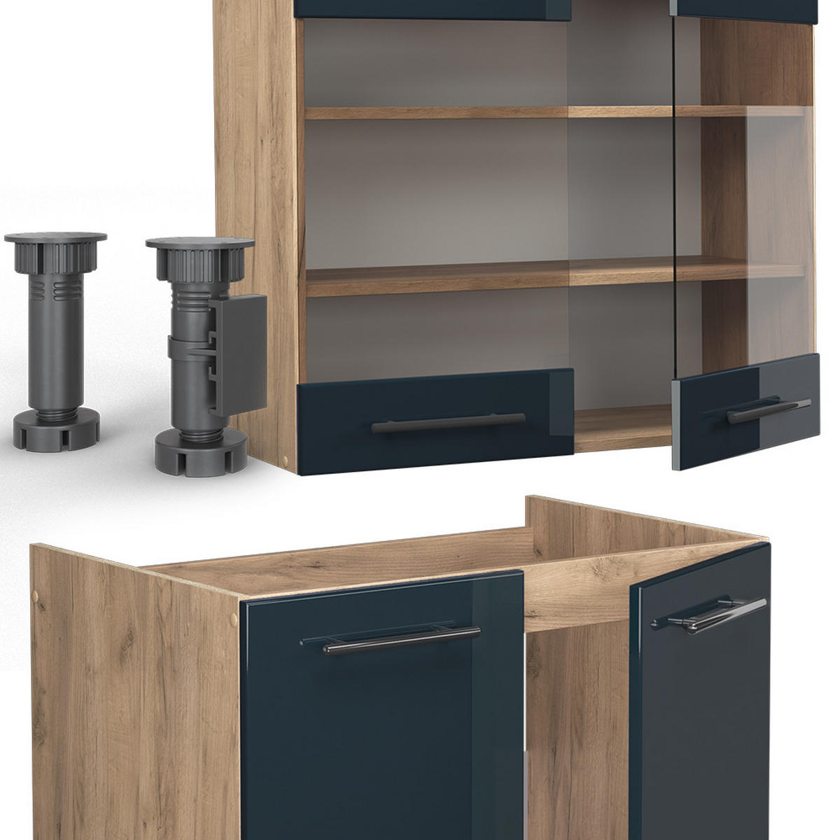 KÜCHENZEILE Fame-Line Dunkelblau Hochglanz/Goldkraft Eiche 240 cm AP Anthrazit - Eiche Wotan/Dunkelblau, Holzwerkstoff (240/81.6/60cm) - Vicco