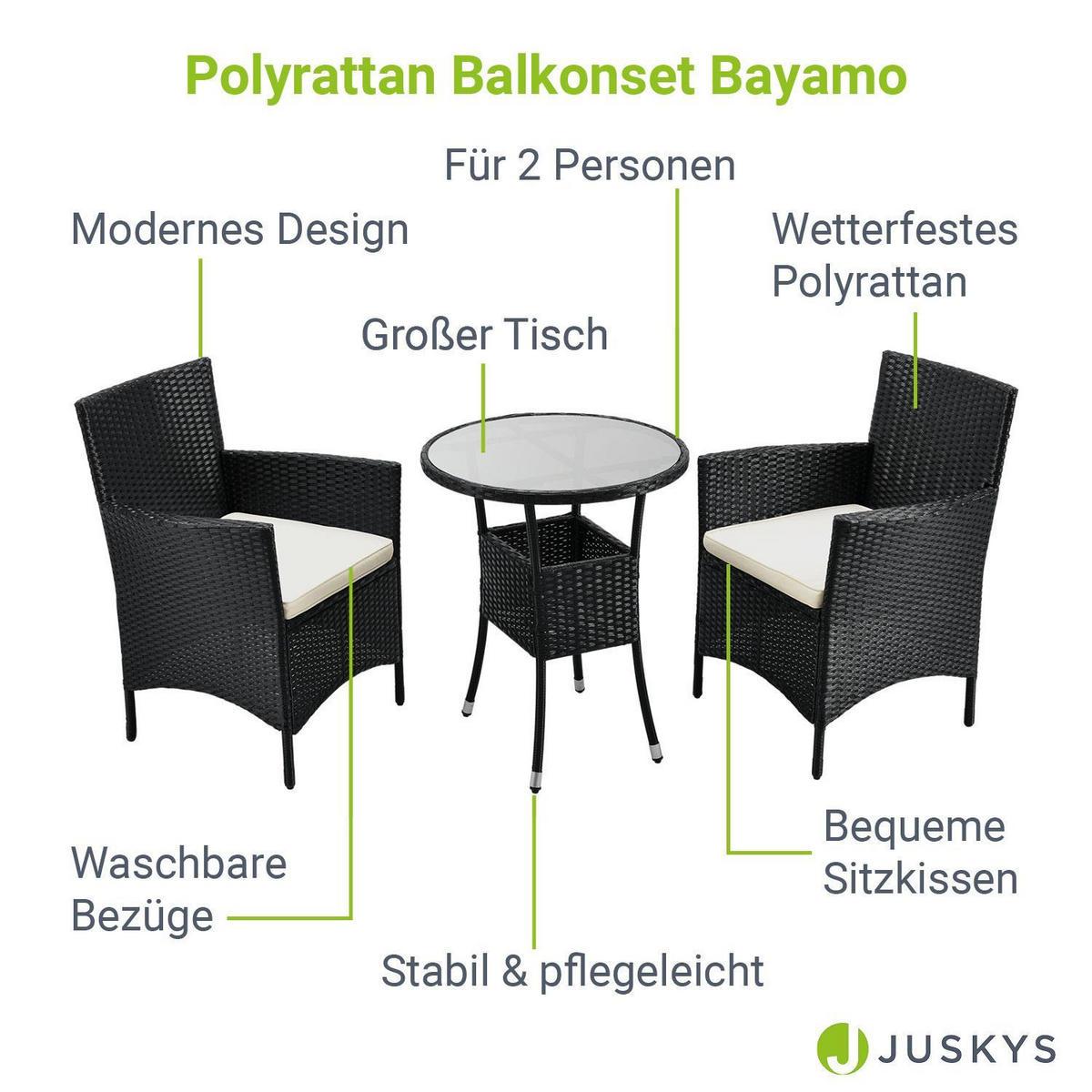 BALKON-SET Bayamo Polyrattan schwarz/beige (3-tlg.) - Schwarz, Kunststoff - Juskys