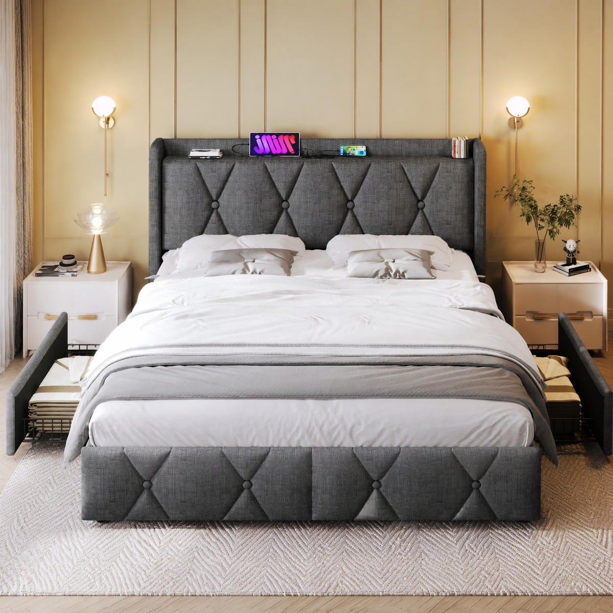 POLSTERBETT 140/200 mit Steckdose, USB, 4 Schubladen, Holzlattenrost und Matratze in Grau - Grau, Holzwerkstoff/Textil (140/200cm) - EVRYAE