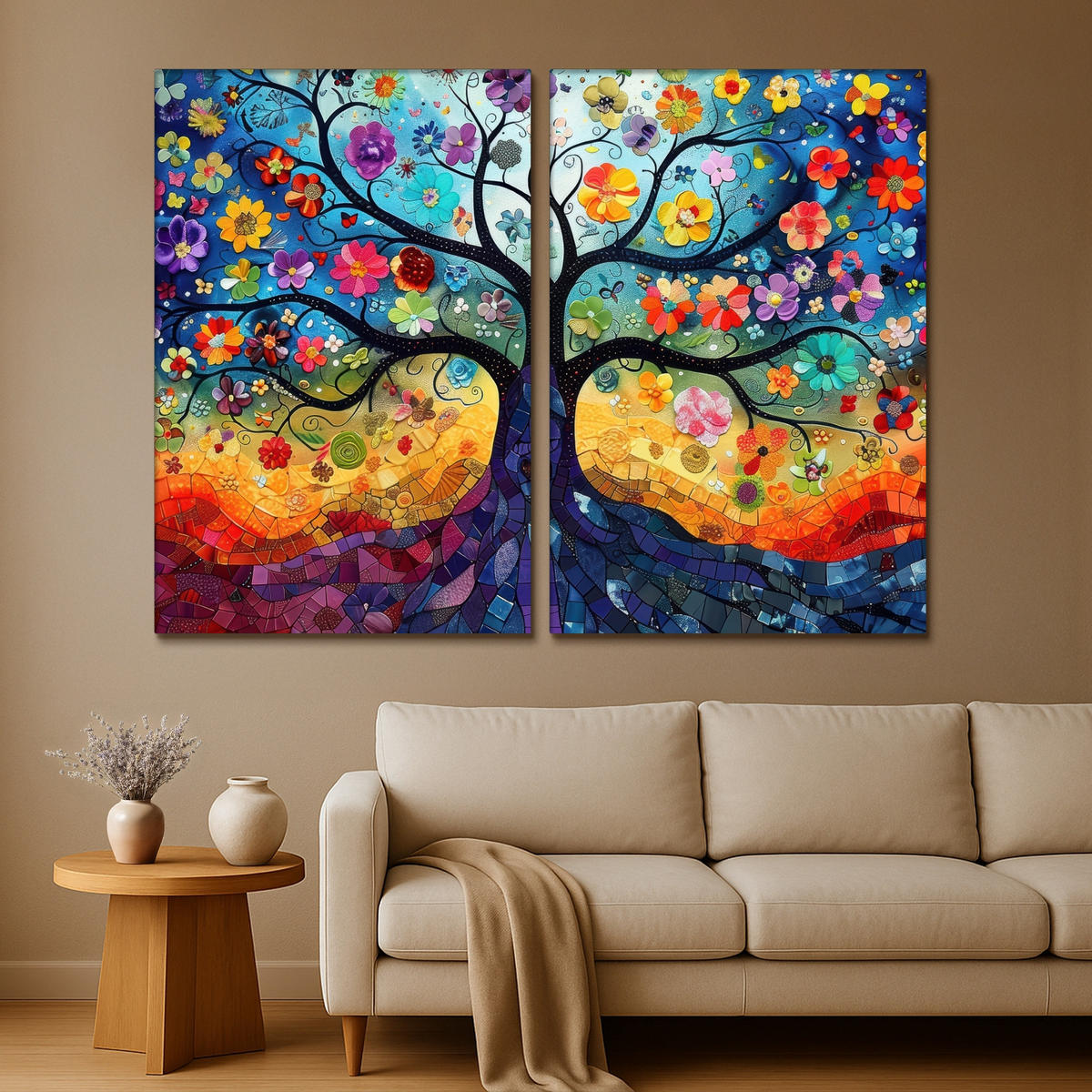 LEINWANDBILD 2er Set Bunt - Baum des Lebens - Blumen - Abstrakt 240x180 cm - Blau, Textil (240/180cm) - MuchoWow