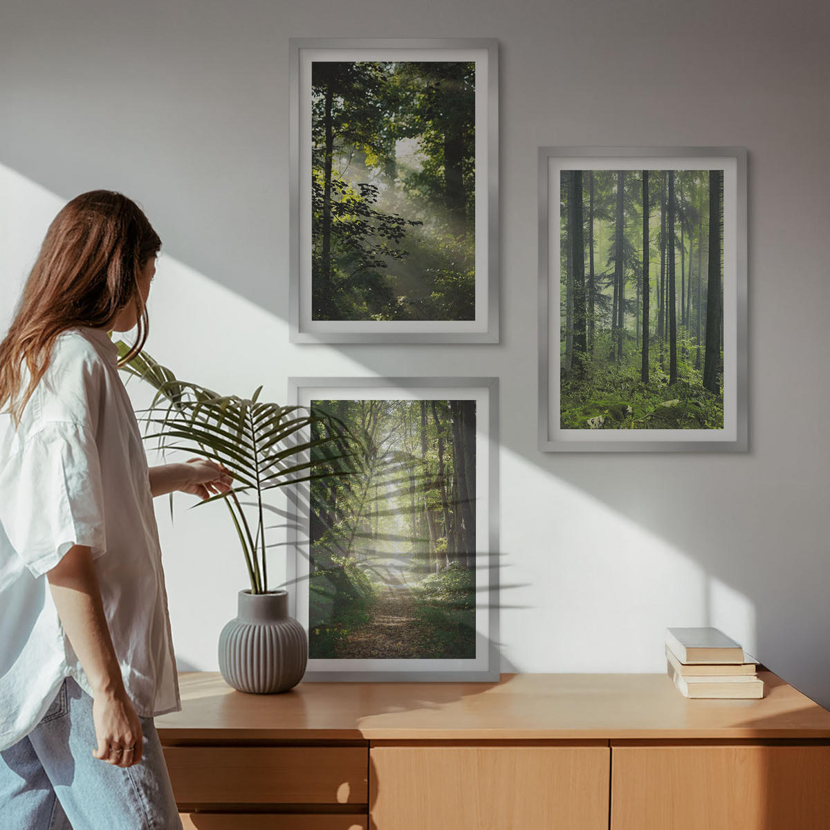 BILDER SET 3er Set - 40x60 cm Silberner Rahmen - Grüne Wälder mit Lichtstrahlen - Silberfarben, Kunststoff (40/60cm) - TULUP