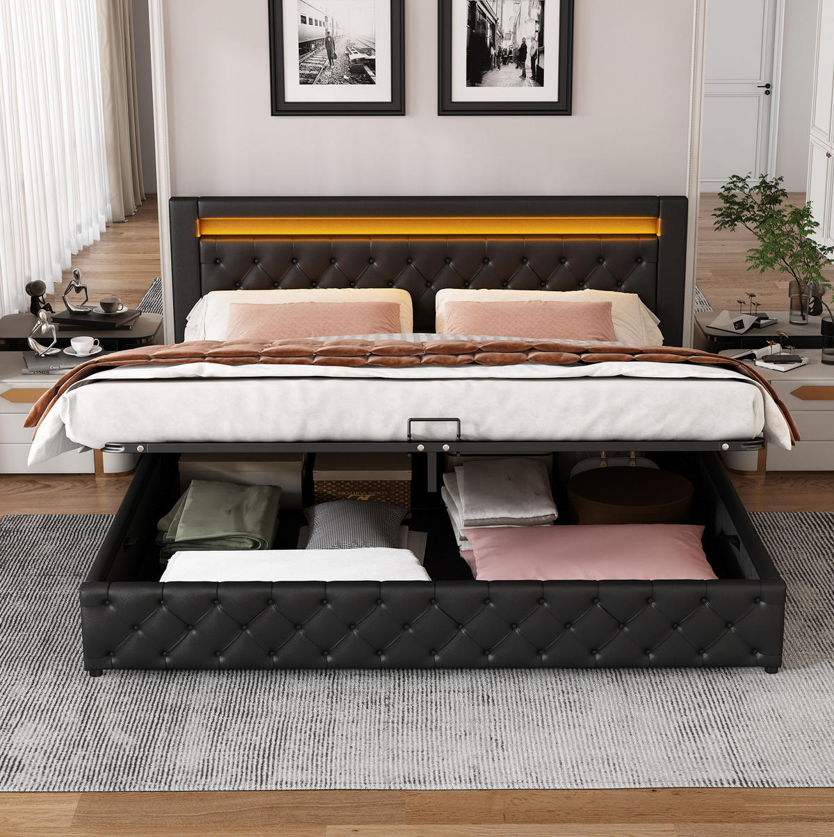 POLSTERBETT mit Bettkasten und LED 180x200 cm PU Black - Schwarz, Metall (180/200cm) - Meubliv