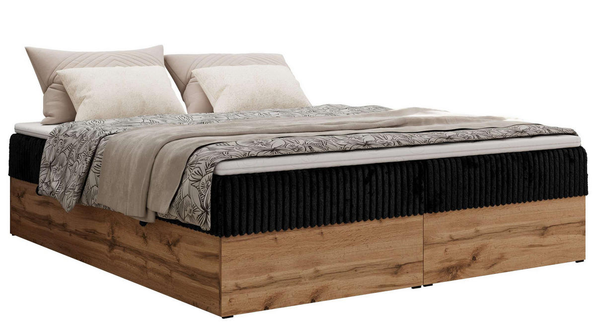 BOXBETT WOOD ZERO 160/200 - Schwarz Cord - H3 - Topper T25 - Schwarz, Textil (160/200cm) - MKS