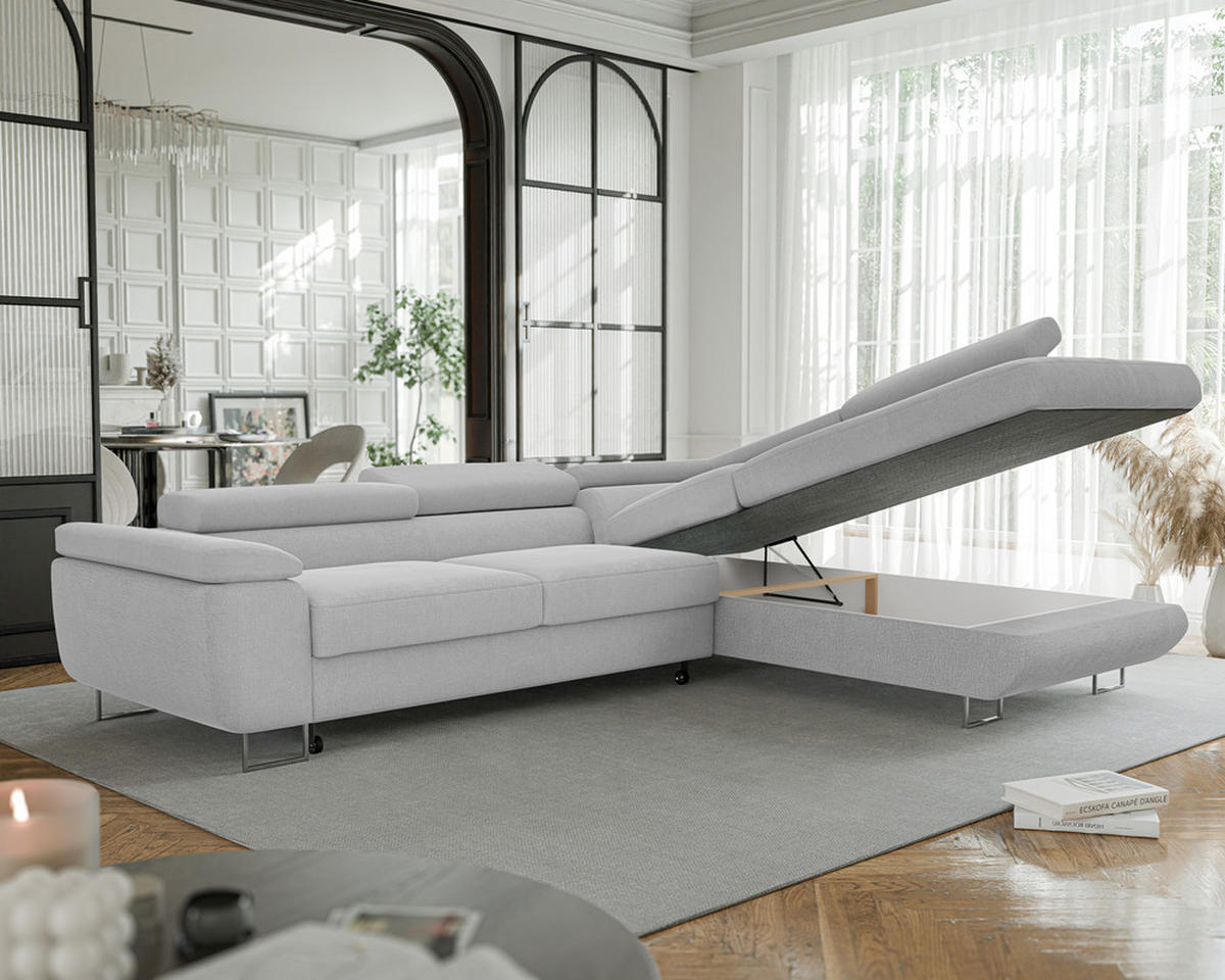 ECKSOFA ANTON mit Schlaffunktion und Bettkasten Hellgrau - Hellgrau, Holzwerkstoff/Kunststoff (274/203cm) - Idohome