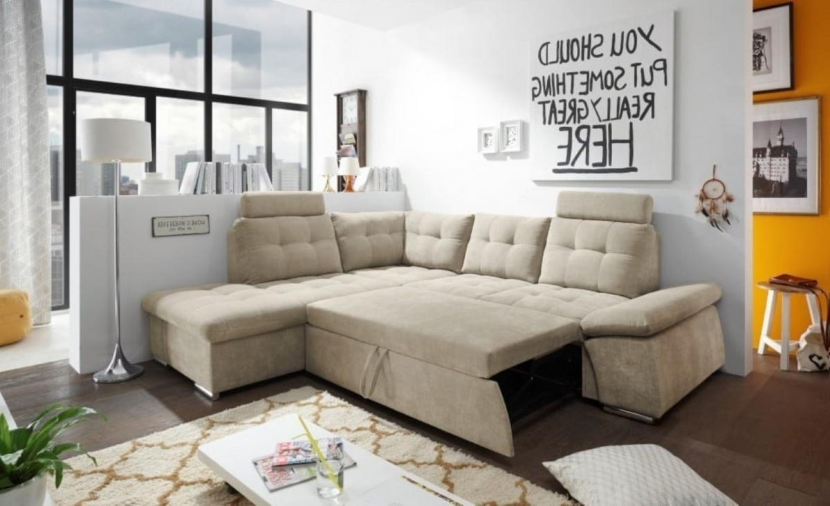 ECKSOFA mit Schlaffunktion, Bettkasten und verstellbarer Armlehne - Chromfarben/Beige, Textil (260/219cm) - ed exciting design