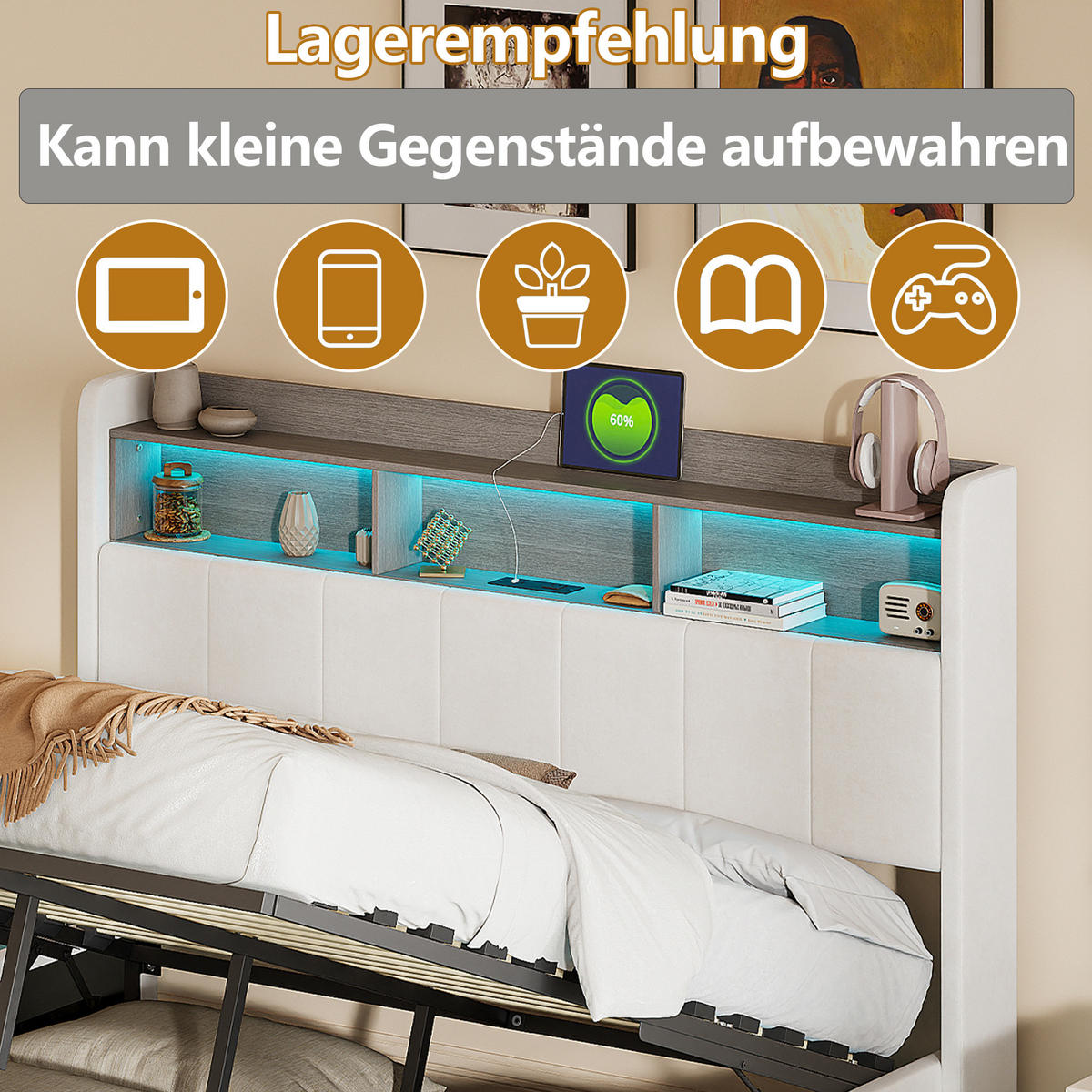 POLSTERBETT 140x200 cm, Weiß, LED-Beleuchtung und USB, Samt - Weiß, Textil/Metall (140/200cm)