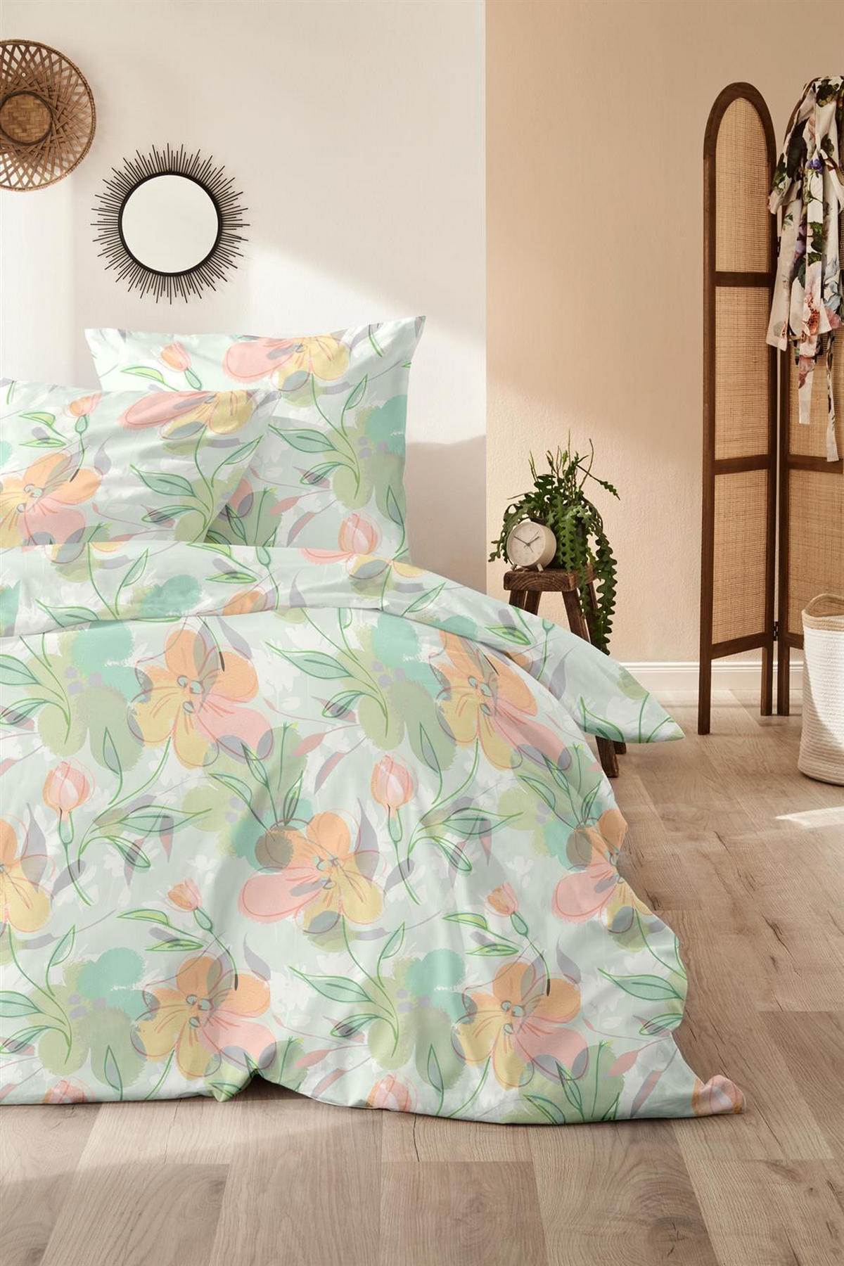 BIBER-BETTWÄSCHE 155x220 - Kuschelig warmer Flanell Bettbezug aus 100% Baumwolle für Herbst & Winter - Bunte Blumen - Grün, Textil (155/220cm) - Carpe Sonno