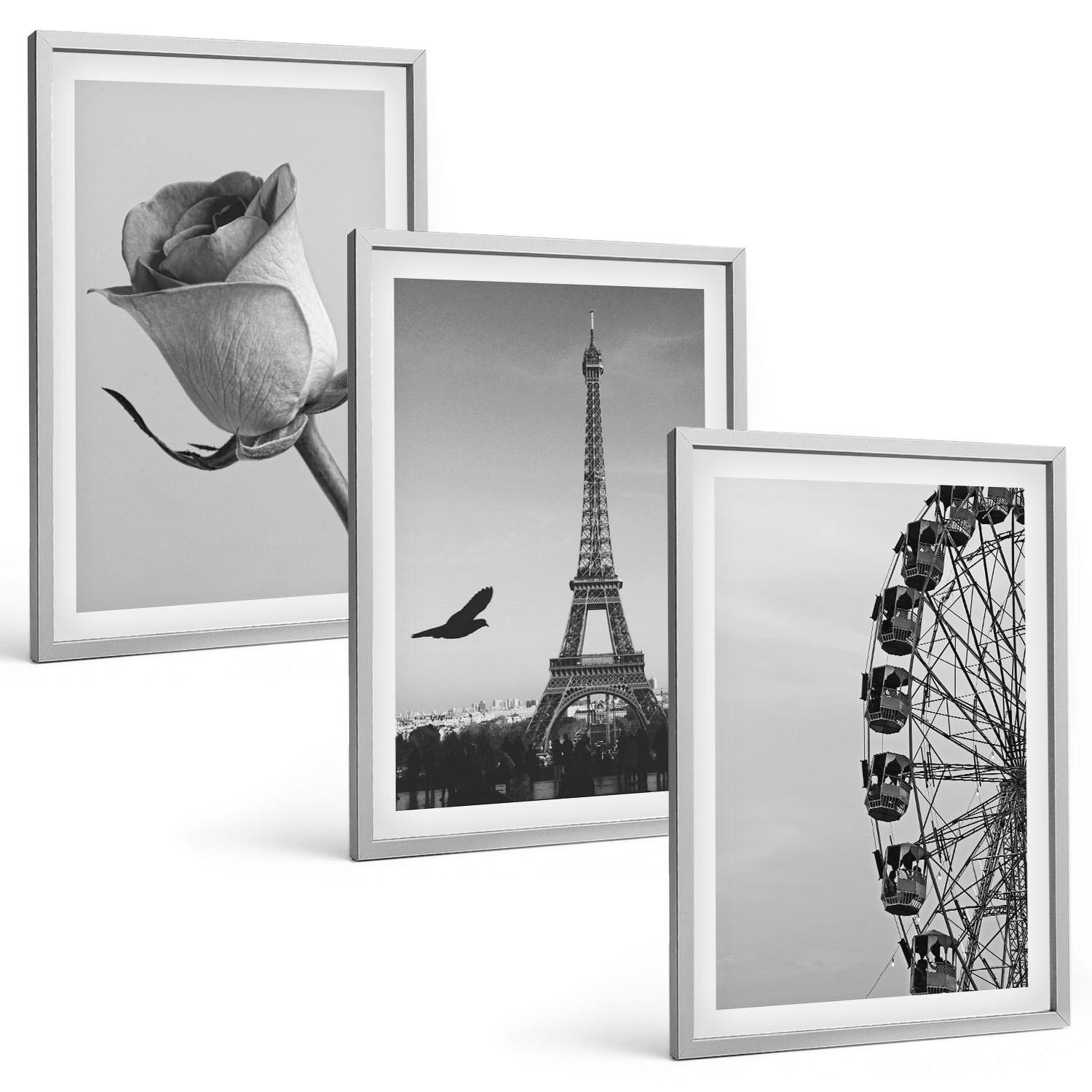 BILDER SET 3er Set - 40x60 cm Silberner Rahmen - Rose Eiffelturm Riesenrad - Silberfarben, Kunststoff (40/60cm) - TULUP