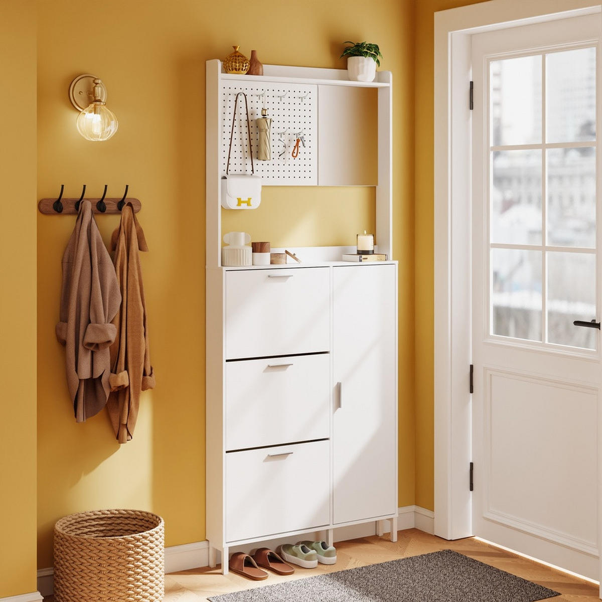 SCHUHSCHRANK mit Spiegel und Pegboard FSR233-W - Silberfarben/Weiß, Holzwerkstoff/Kunststoff (83/197/14cm) - SoBuy