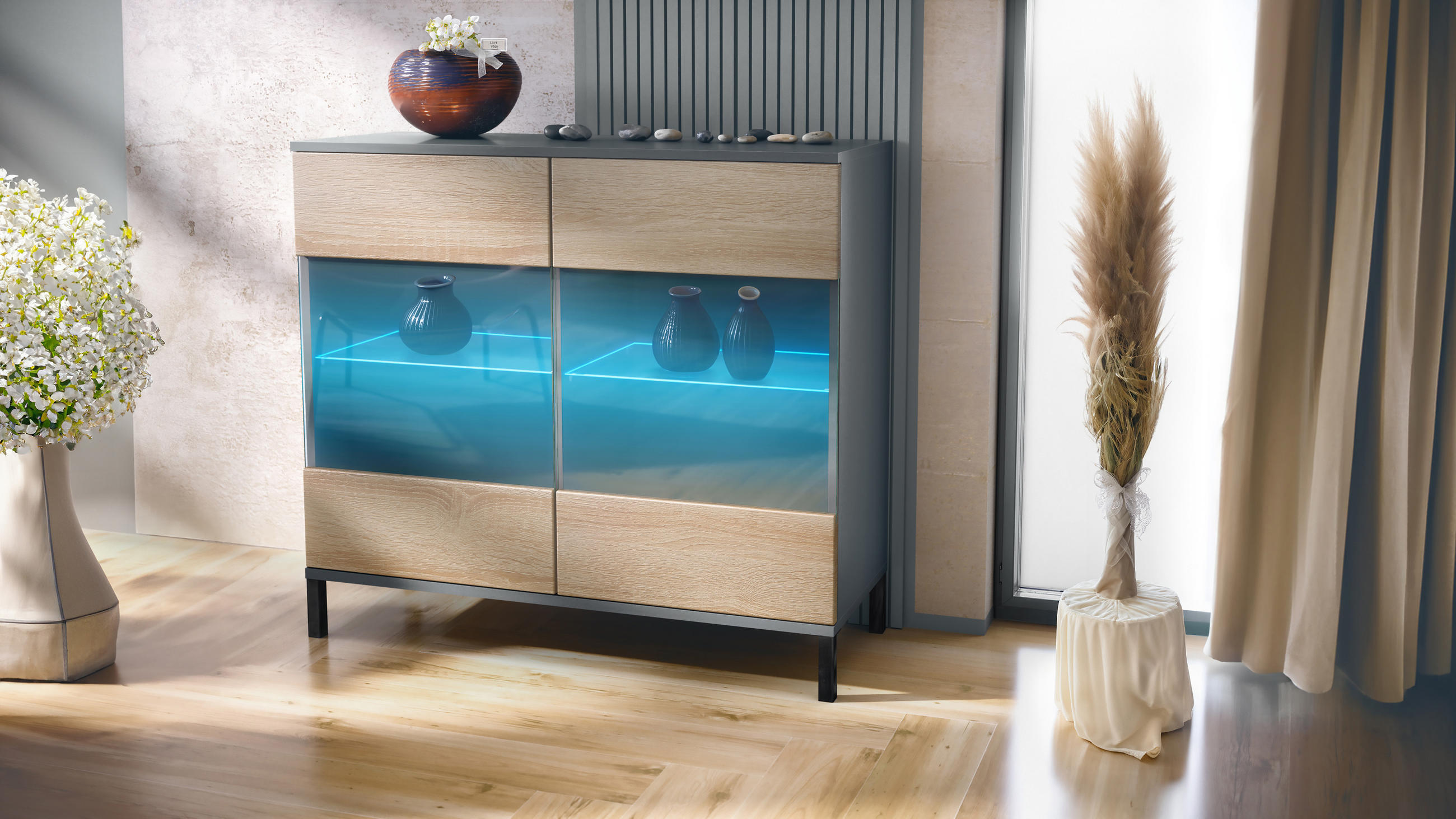 KOMMODE Bari Eiche sägerau - Eiche San Remo, Holzwerkstoff (92.5/83.5/35cm) - Vladon