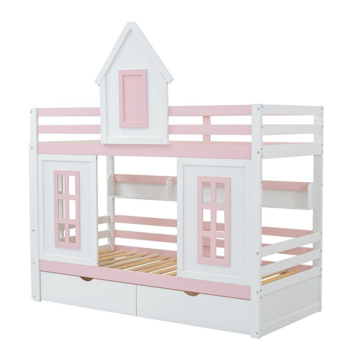 ETAGENBETT 90x200cm in Weiß+Rosa mit Dach und Fenster - Pink, Holz (90/200cm) - KOMHTOM