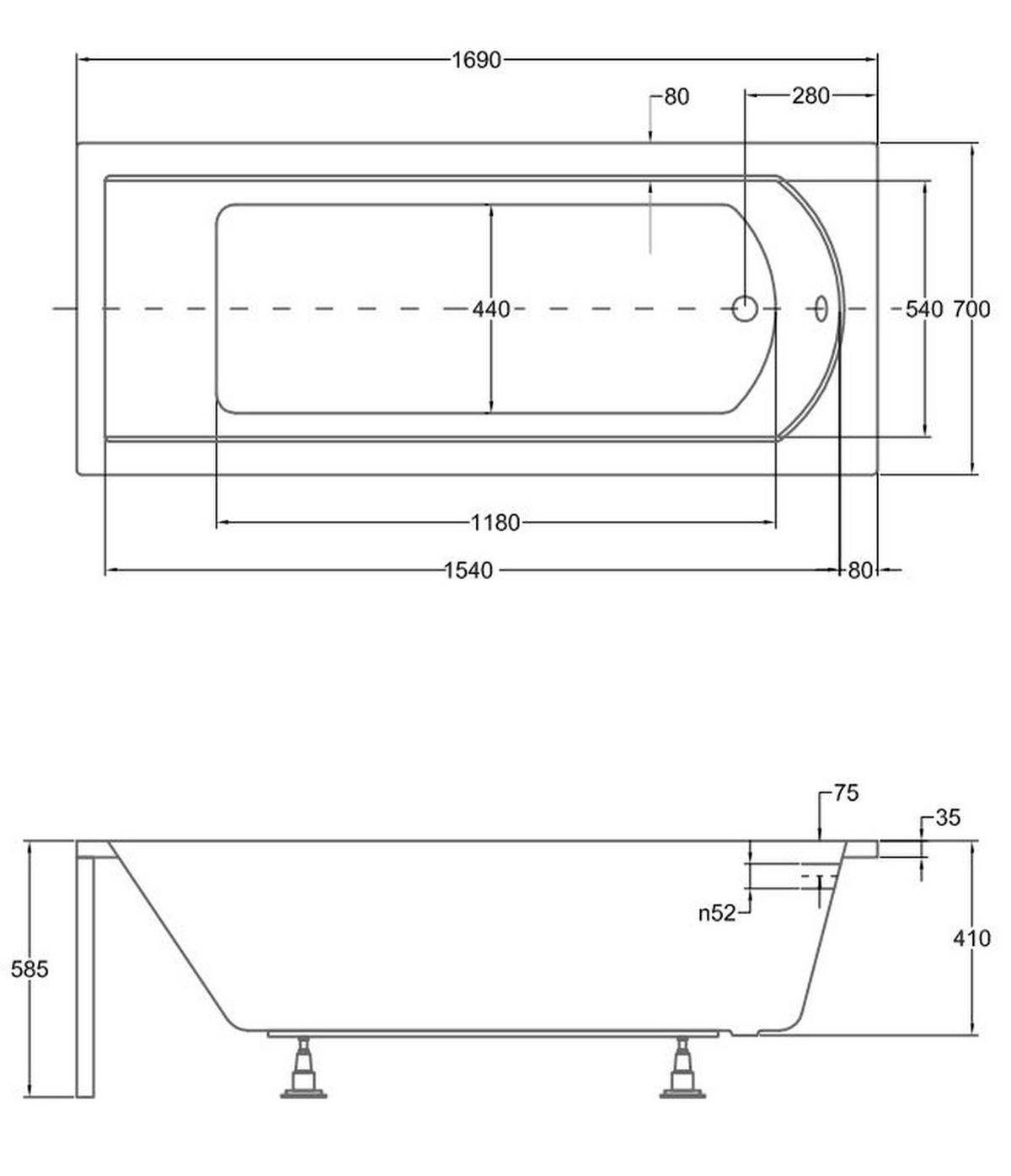 BADEWANNE Rechteck SHEA 170/70 + Ablage Ablauf Füße - Weiß, Kunststoff (70/58.5/170cm) - bad land