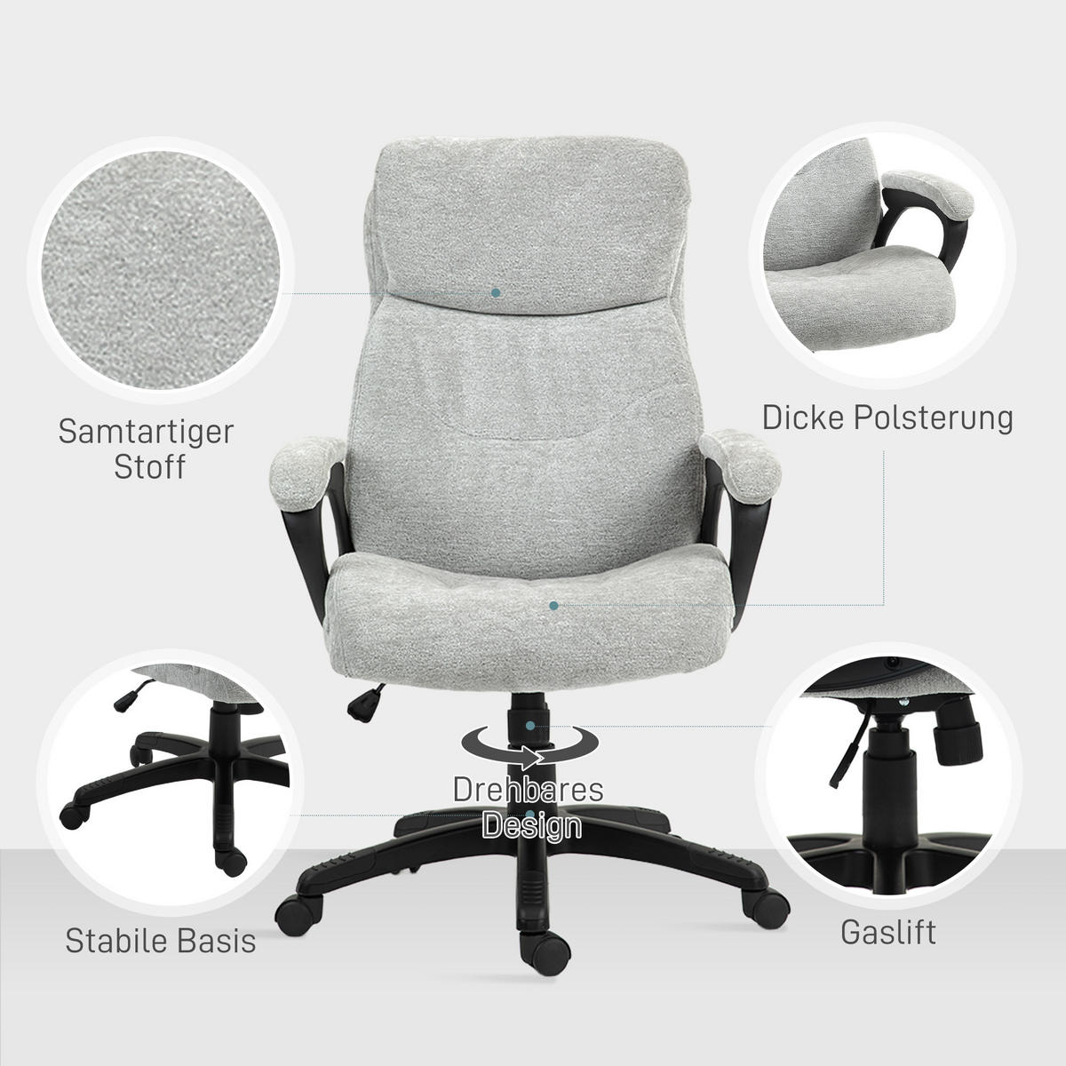 HOMCOM Bürostuhl mit Wippfunktion, ergonomisch Schreibtischstuhl, Drehstuhl - Hellgrau, Kunststoff (66/115.5/77cm) - HOMCOM