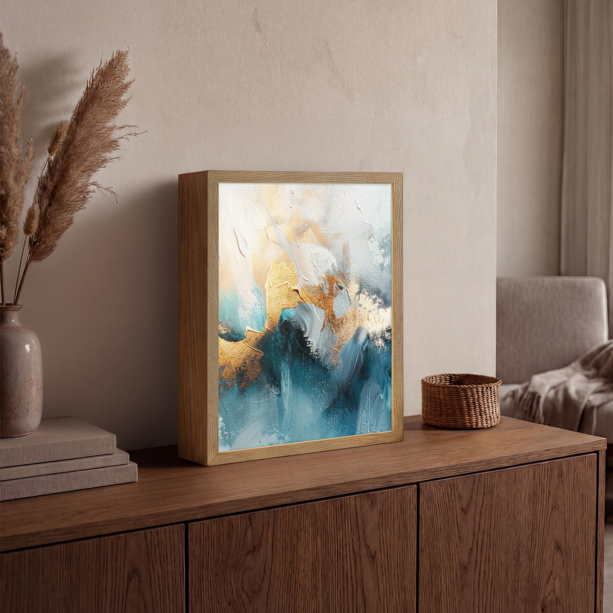 NÁSTĚNNÁ LAMPA S AKUMULÁTOREM Abstraktní - umění - zlatá - modrá 30x40 cm - tyrkysová, kompozitní dřevo (30/40/8cm) - OnlyWow