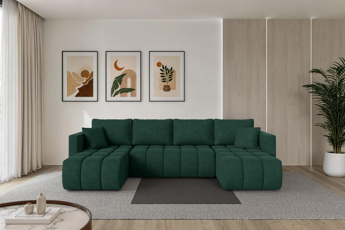 SEDACÍ SOUPRAVA DO U s funkcí spaní a úložným prostorem GARD-U 300x146x85 zelená velur - černá/zelená barva, kompozitní dřevo/textil (300/85/146cm) - ALTDECOR