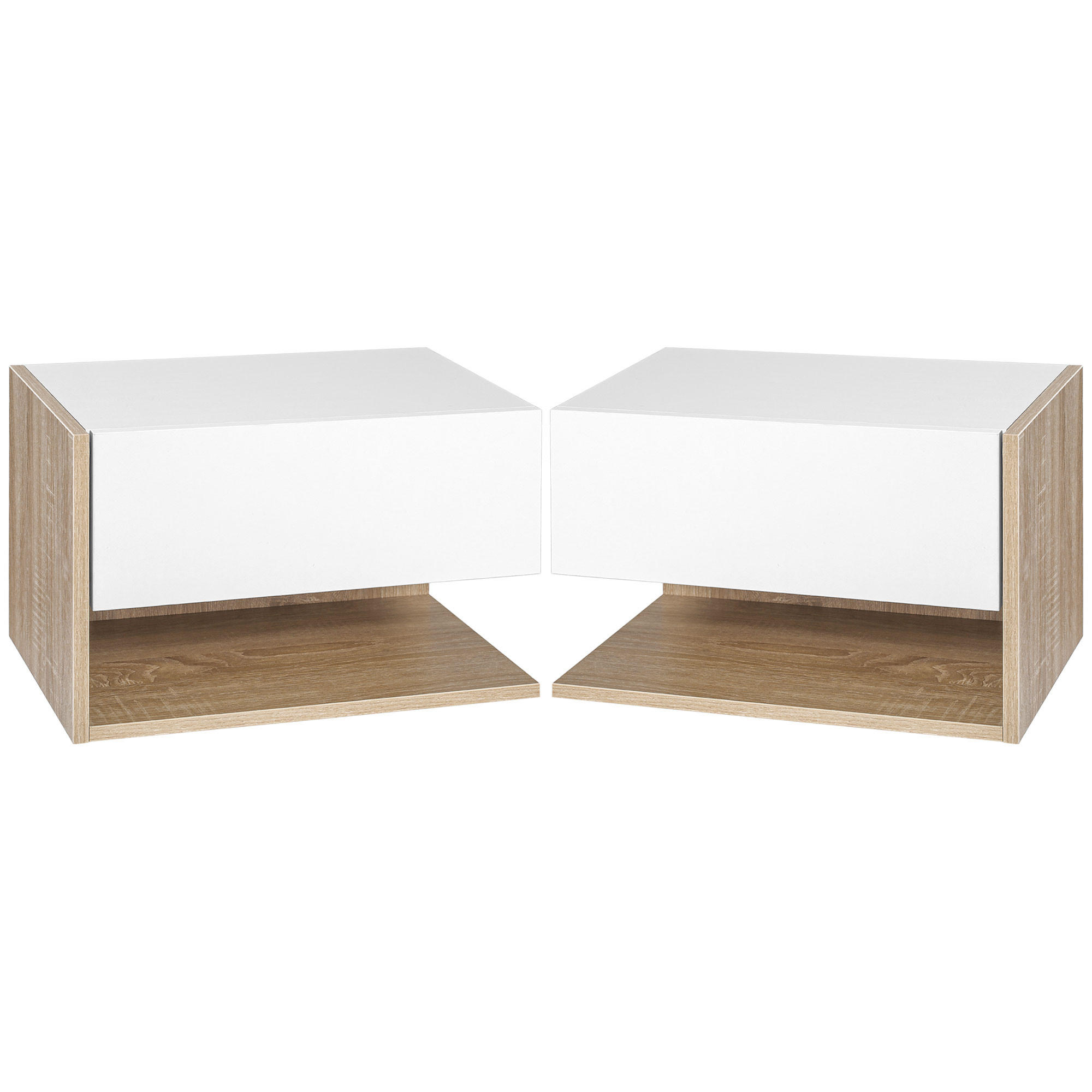 NACHTSCHRANK 2er-Set DE-12807 Schublade und offenes Fach Weiß/Eiche hell - Weiß, Holzwerkstoff (30/30/46cm) - ComfortXL
