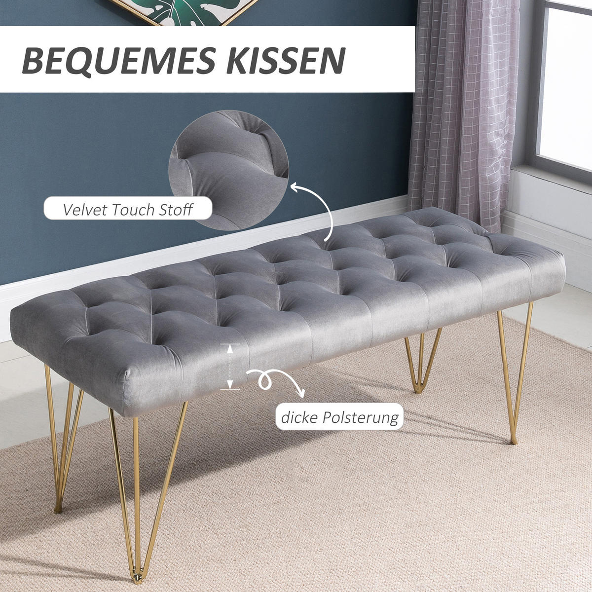 SCHUHBANK mit Samtoptik, für Schlafzimmer, Wohnzimmer, Flur, Metall, Grau - Grau, Kunststoff (445/49/116cm) - HOMCOM
