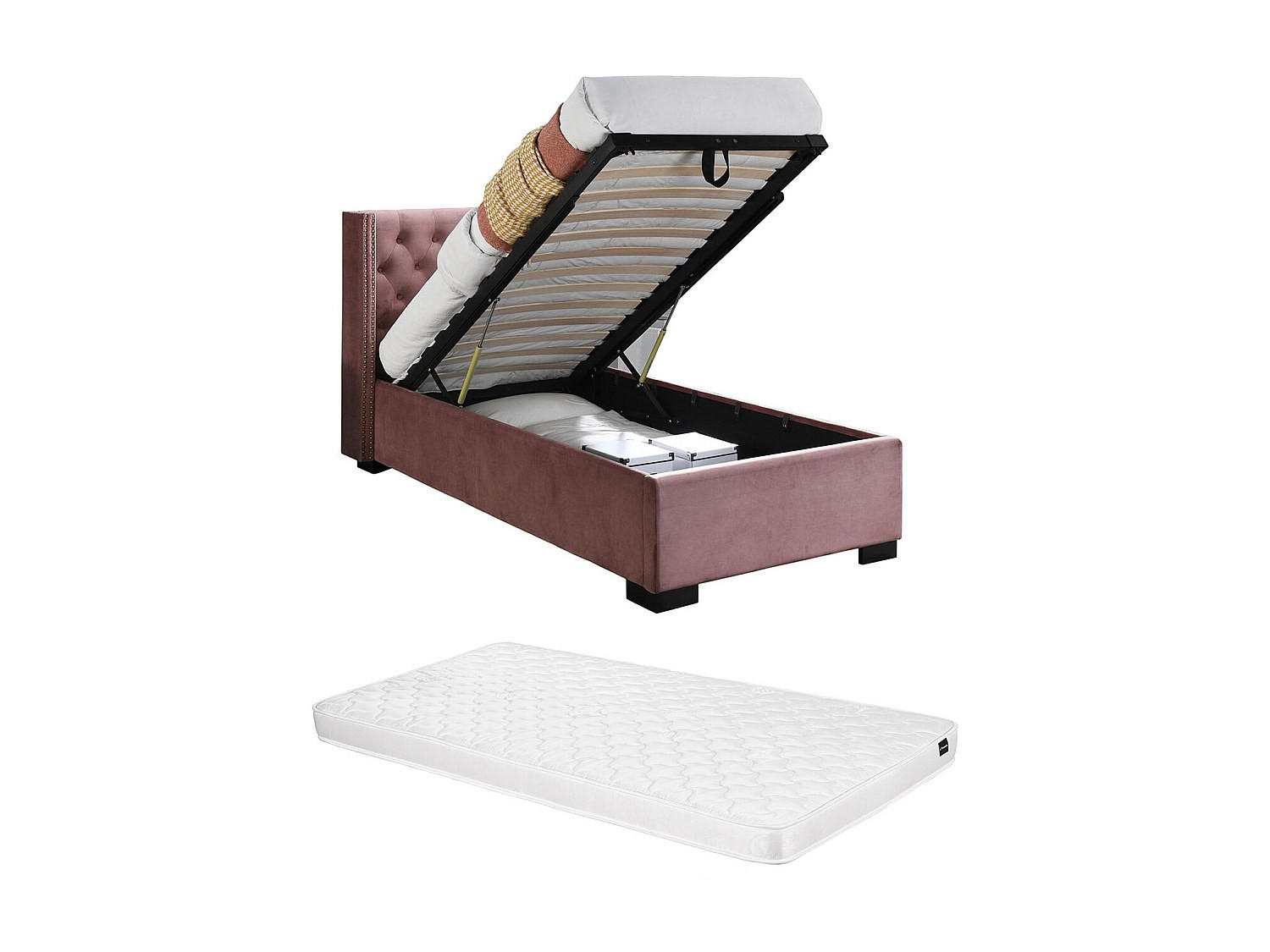 BETT mit Bettkasten - 1 Person - Samt, Stoff - Rosa - - Pink, Textil (90/200cm) - Vente-Unique