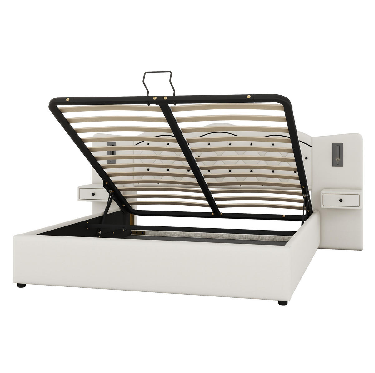 ČALOUNĚNÁ postel 180/200 cm béžová z lnu a MDF s úložným prostorem, USB a osvětlením - béžová, textil (180/200cm) - OKWISH