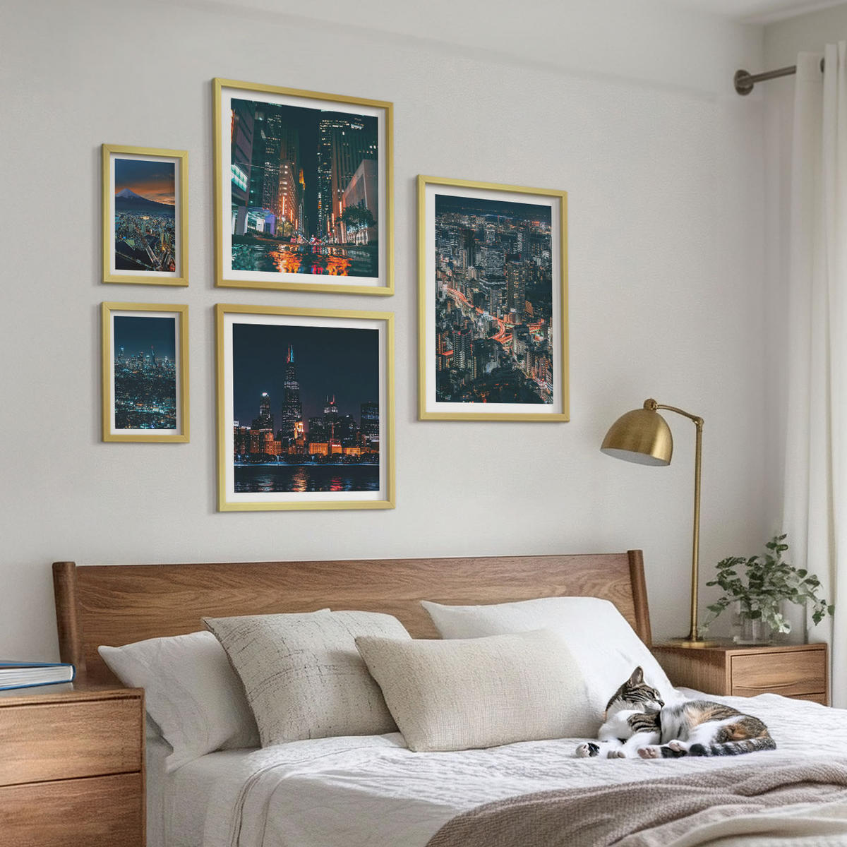 BILDER SET 5er Set - 50x50 cm & 20x30 cm & 40x60 cm Goldrahmen - Bergpanorama der Stadt bei Nacht - Goldfarben, Kunststoff (40/60cm) - TULUP