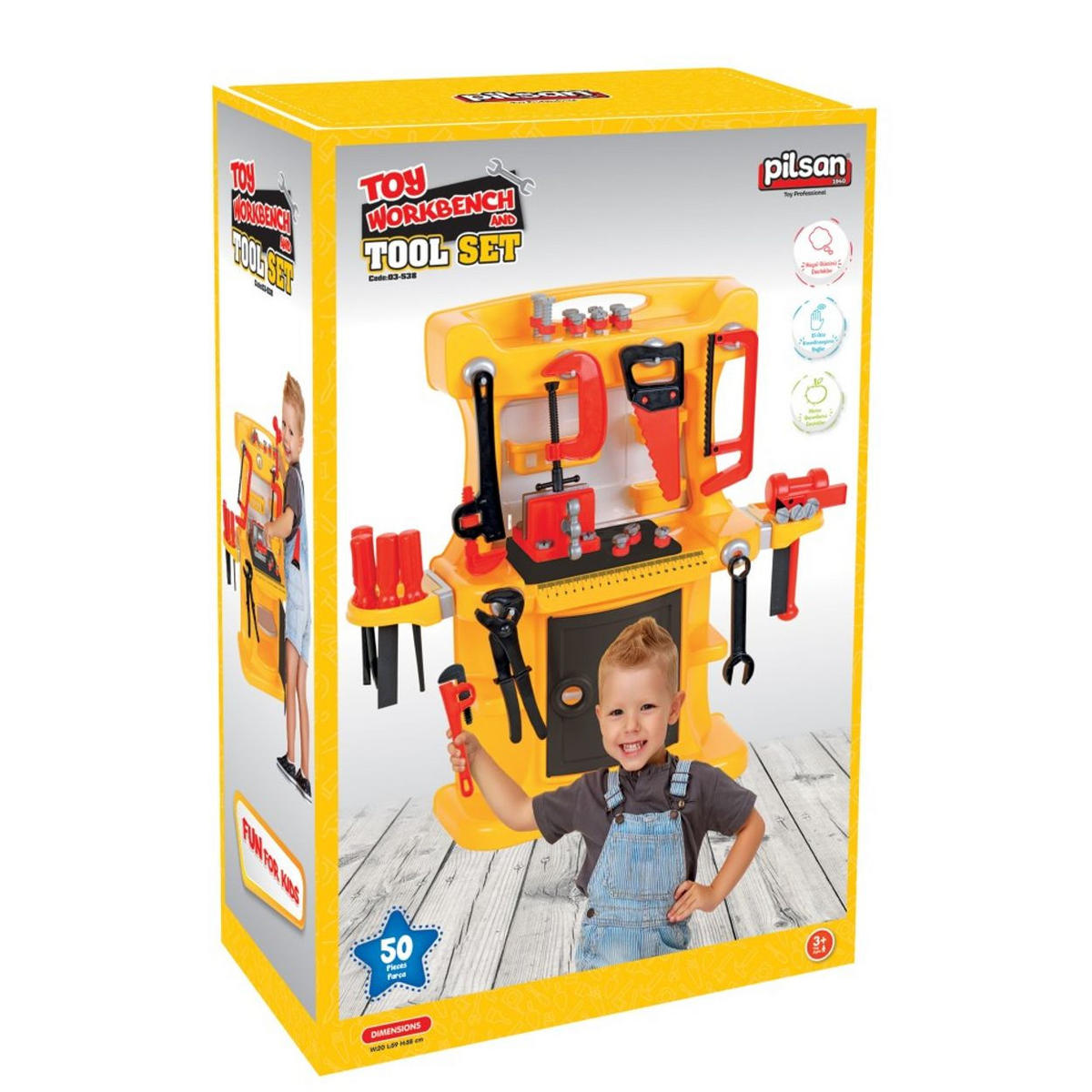 SPIELWERKZEUG Kinderwerkbank Lux 03538 gelb 50-teilig, Kinderwerkzeug, Hammer, Schrauben, Säge, Kunststoff - Gelb, Kunststoff (58/59/20cm) - Pilsan