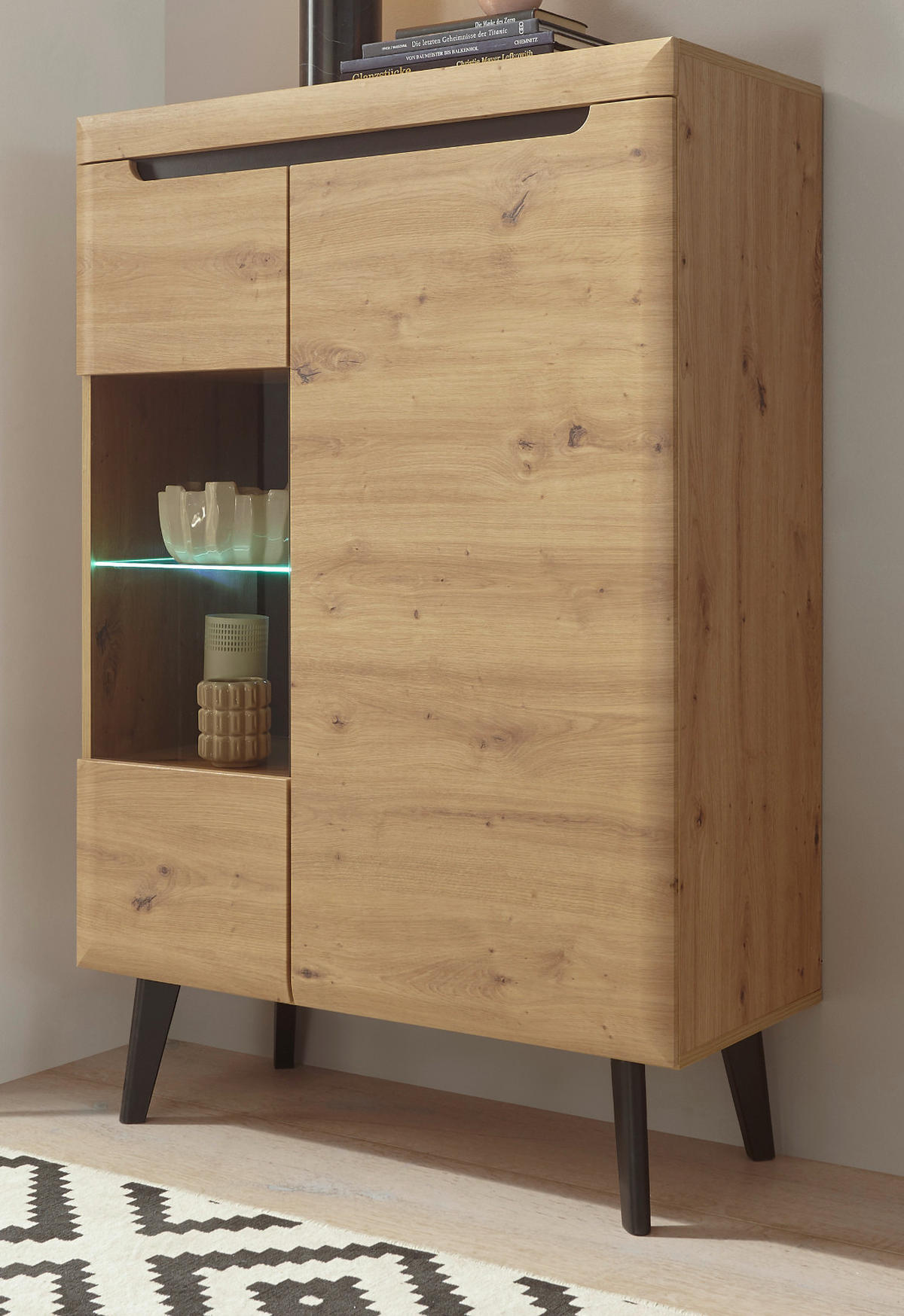 VITRINE Eiche Artisan, schwarz 90 cm, Highboard skandinavisch - Eichefarben/Schwarz, Glas/Holzwerkstoff (90/134/40cm) - Furn.Design