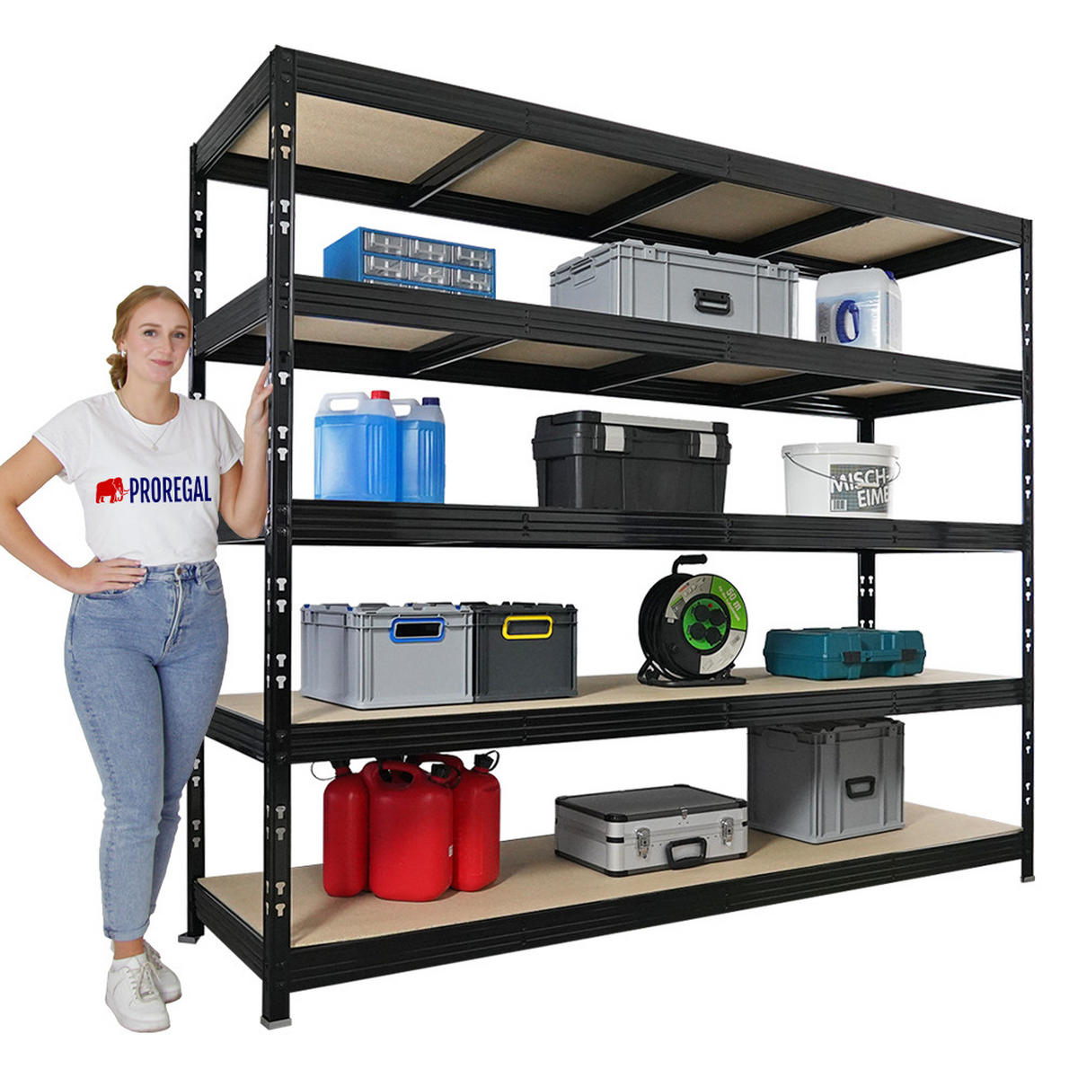 SCHWERLASTREGAL Rhino 2er-Set 200x240x70 cm 5 Spanplatten-Ebenen 8mm Fachlast 450 kg Schwarz - Schwarz, Metall (480/200/70cm) - PROREGAL